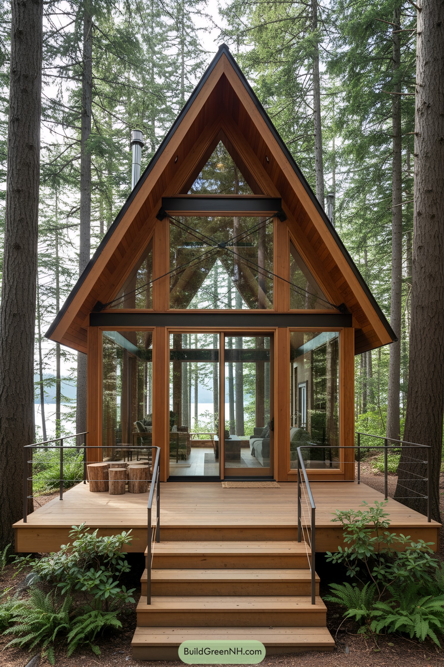 A-frame glass cottage with wood frame in forest