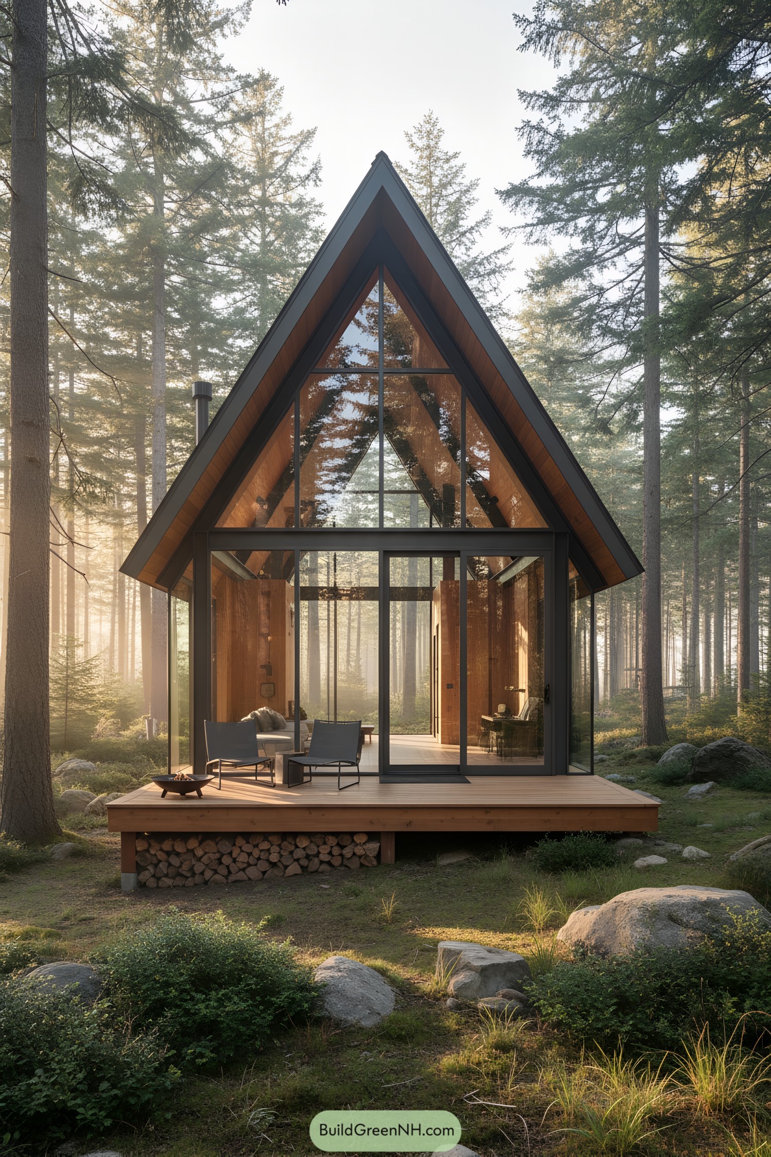 A-frame glass cottage with timber deck