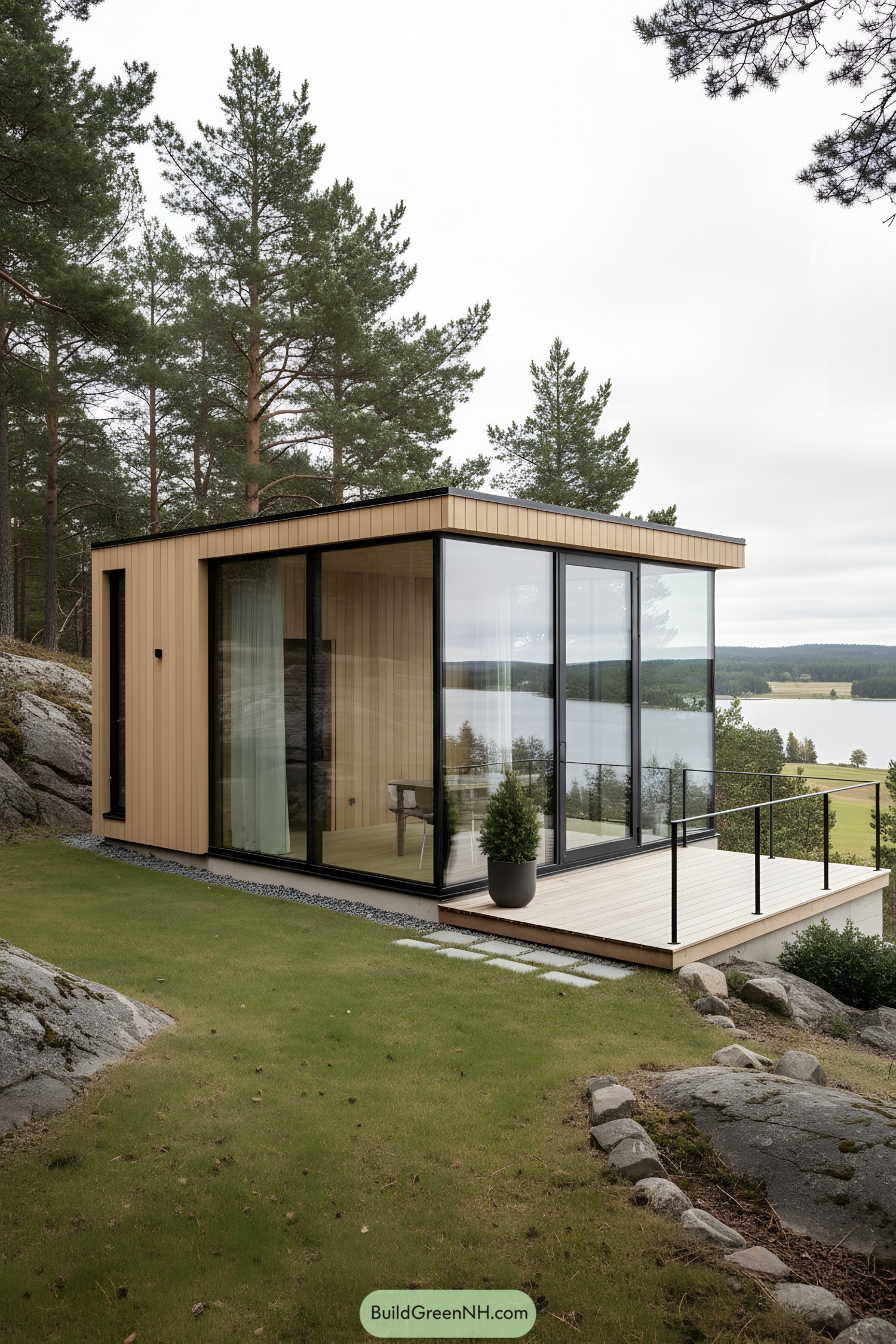 Compact glass cabin with deck overlooking lake