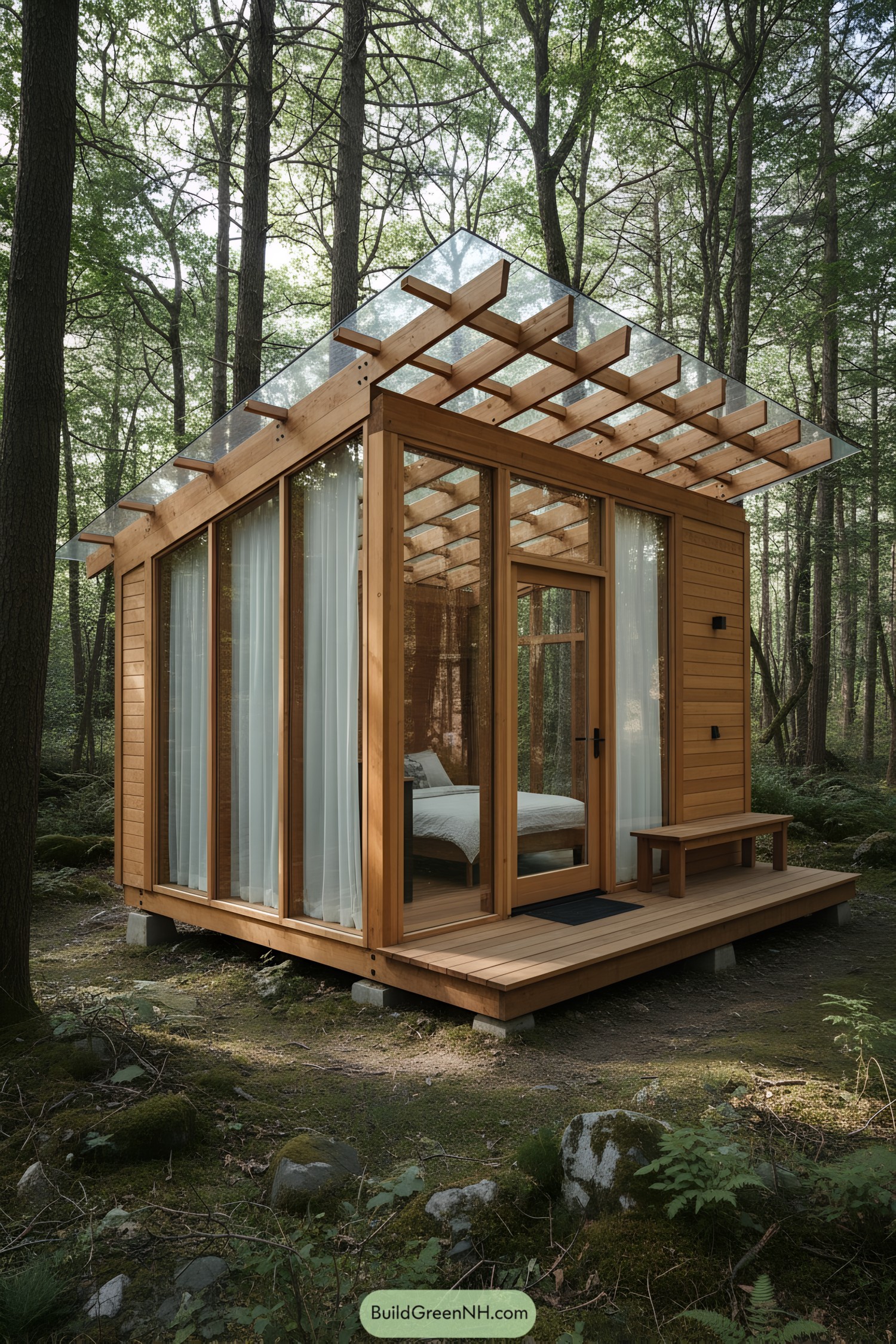 Small glass-and-timber cabin with pergola-style glass roof in a forest