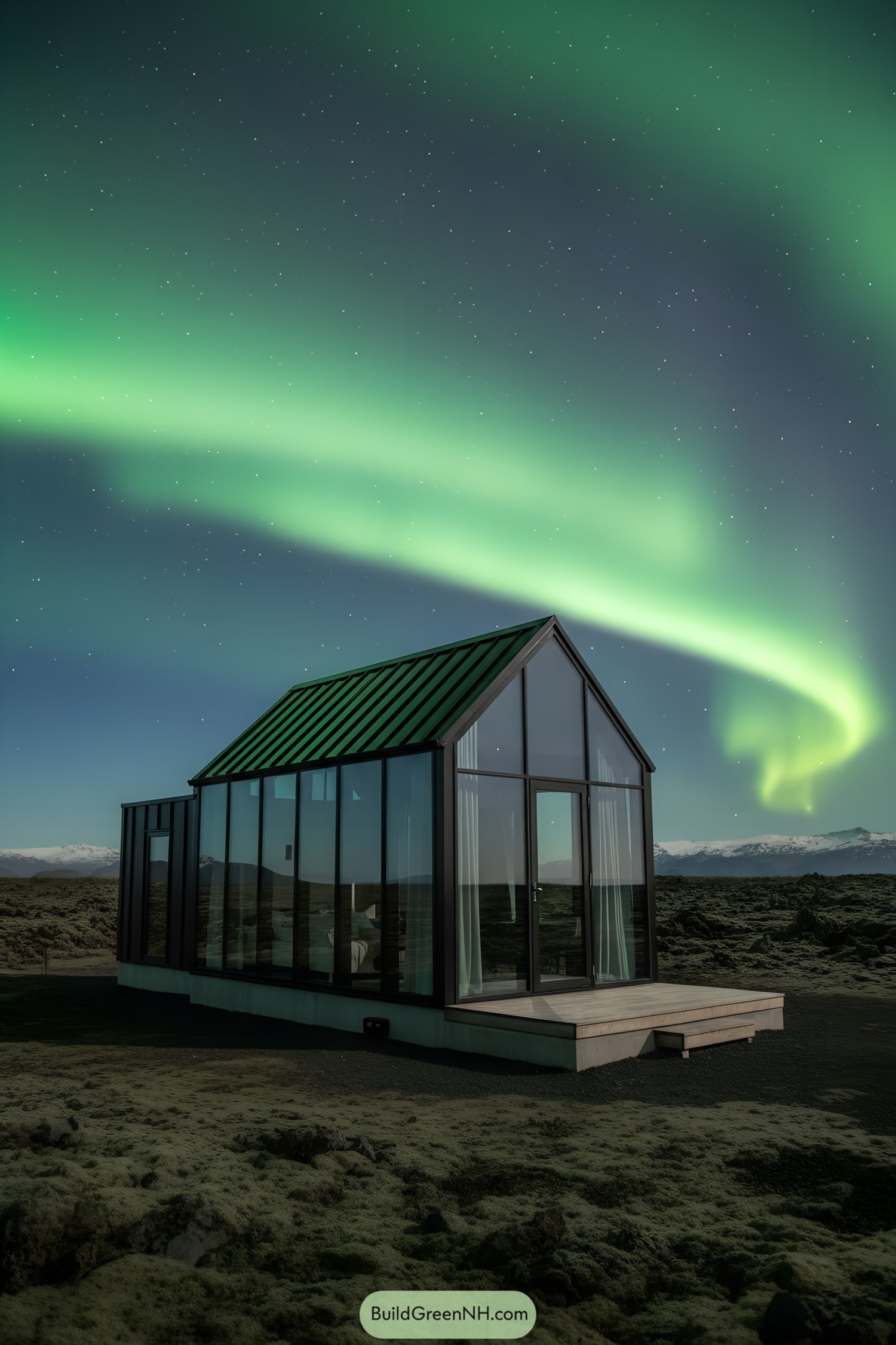 Small glass cottage under northern lights