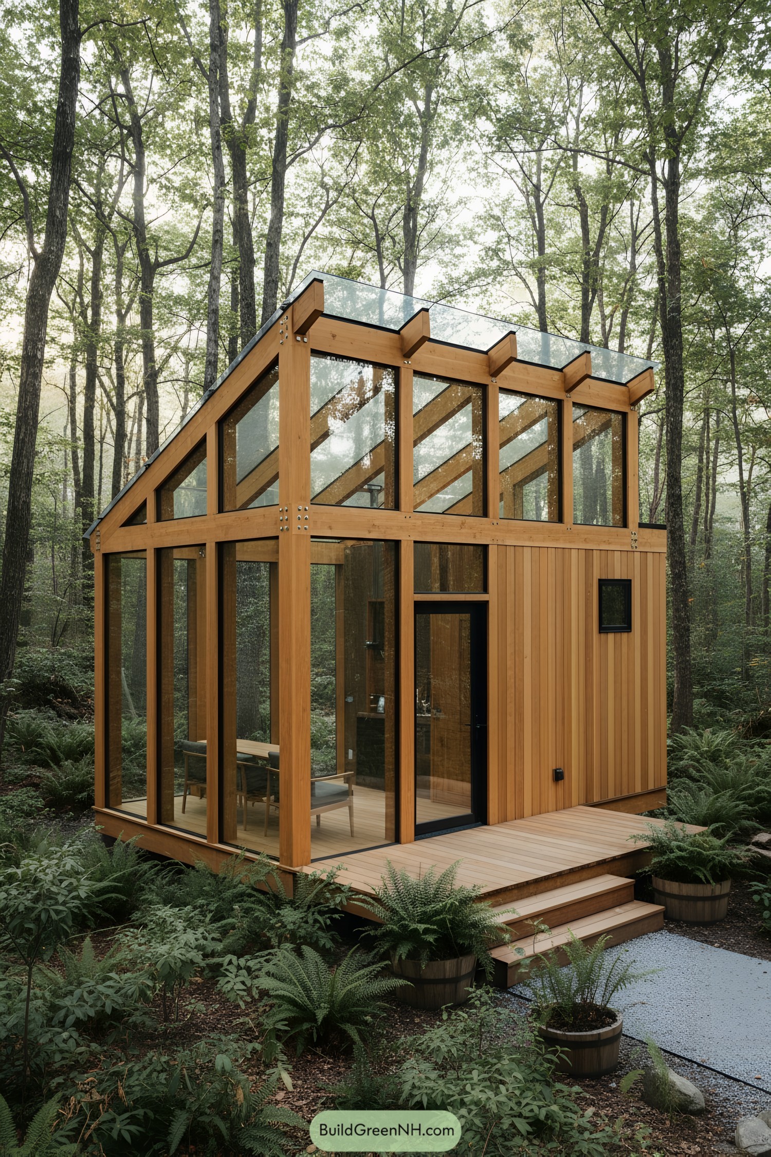 Modern timber-and-glass micro cabin in forest