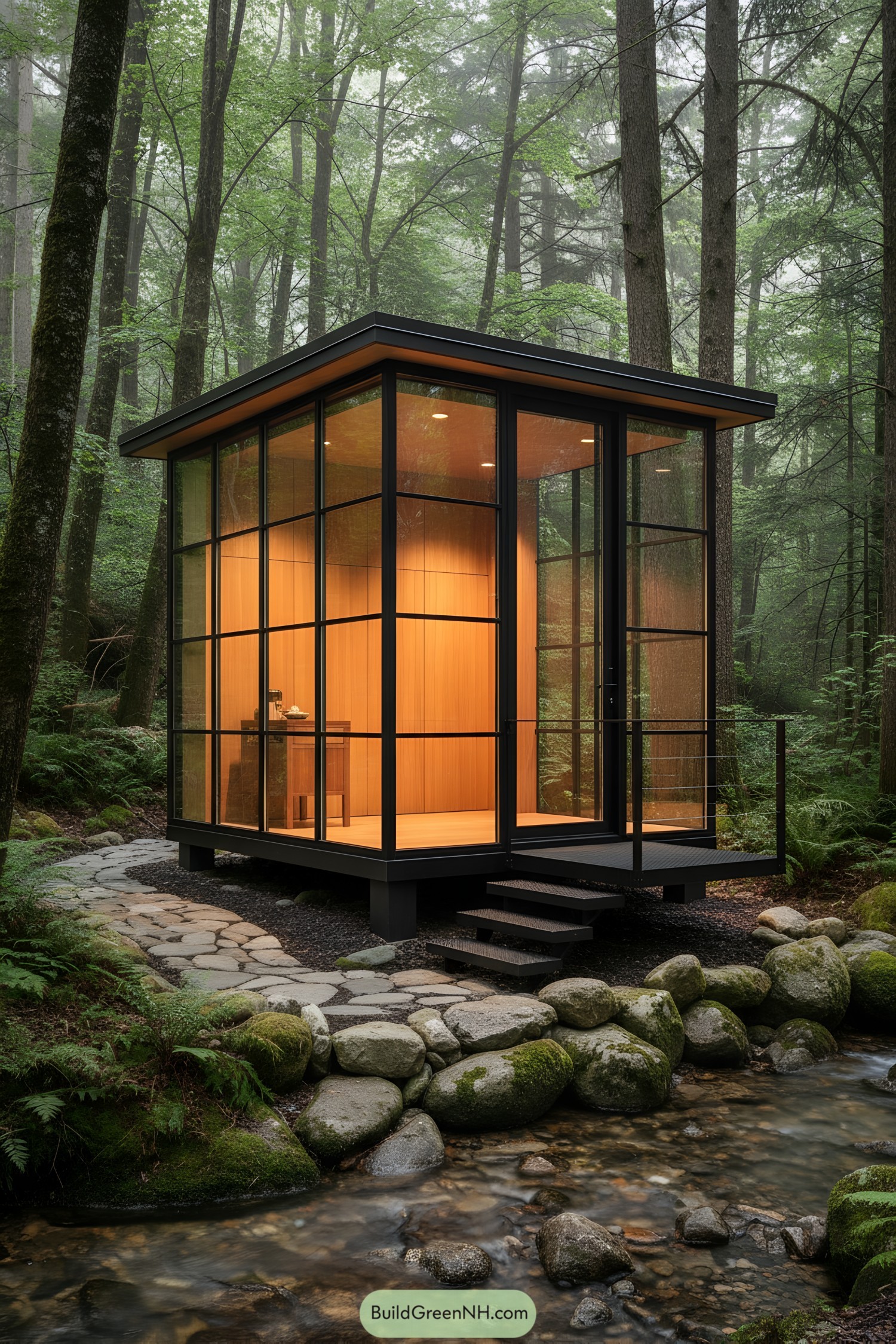 Small cube-shaped glass cottage with warm wood interior beside a mossy stream in a forest