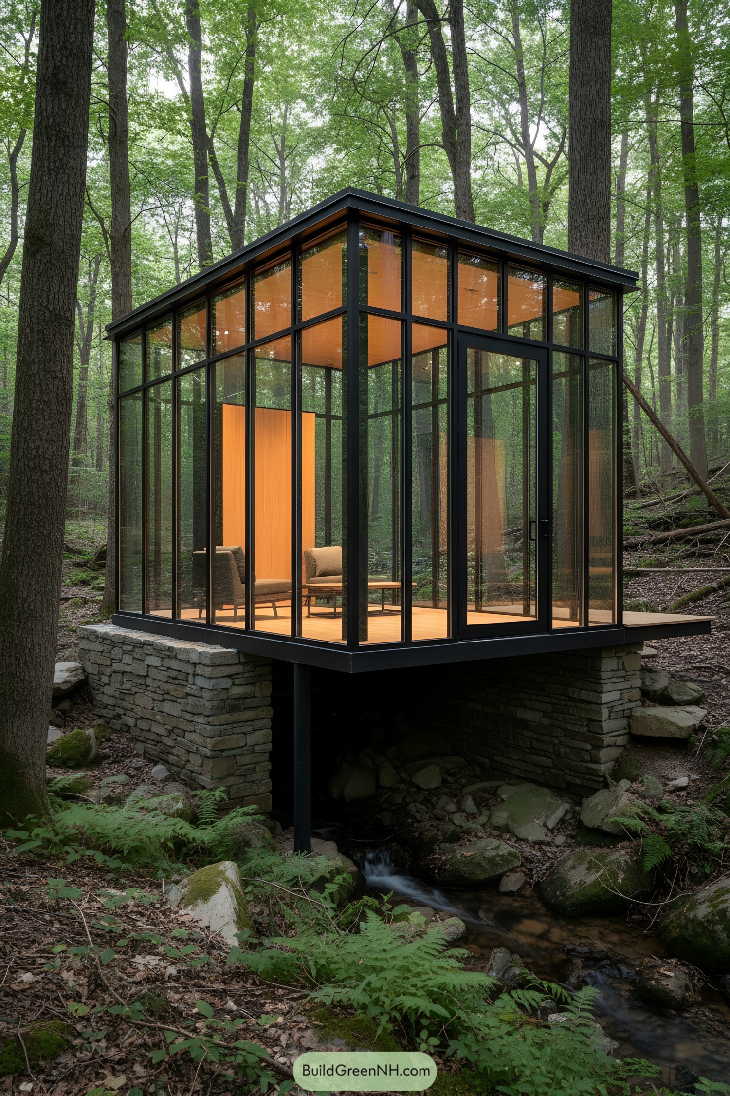 Small glass pavilion on steel frame spanning a stone base over a creek in a lush forest