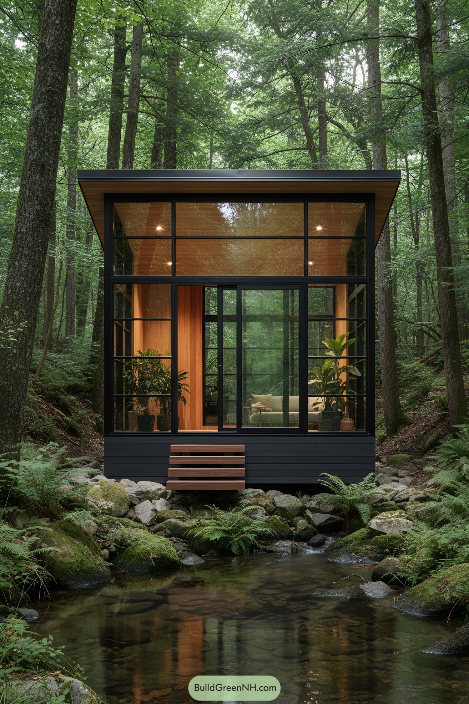 Small glass cabin over forest creek