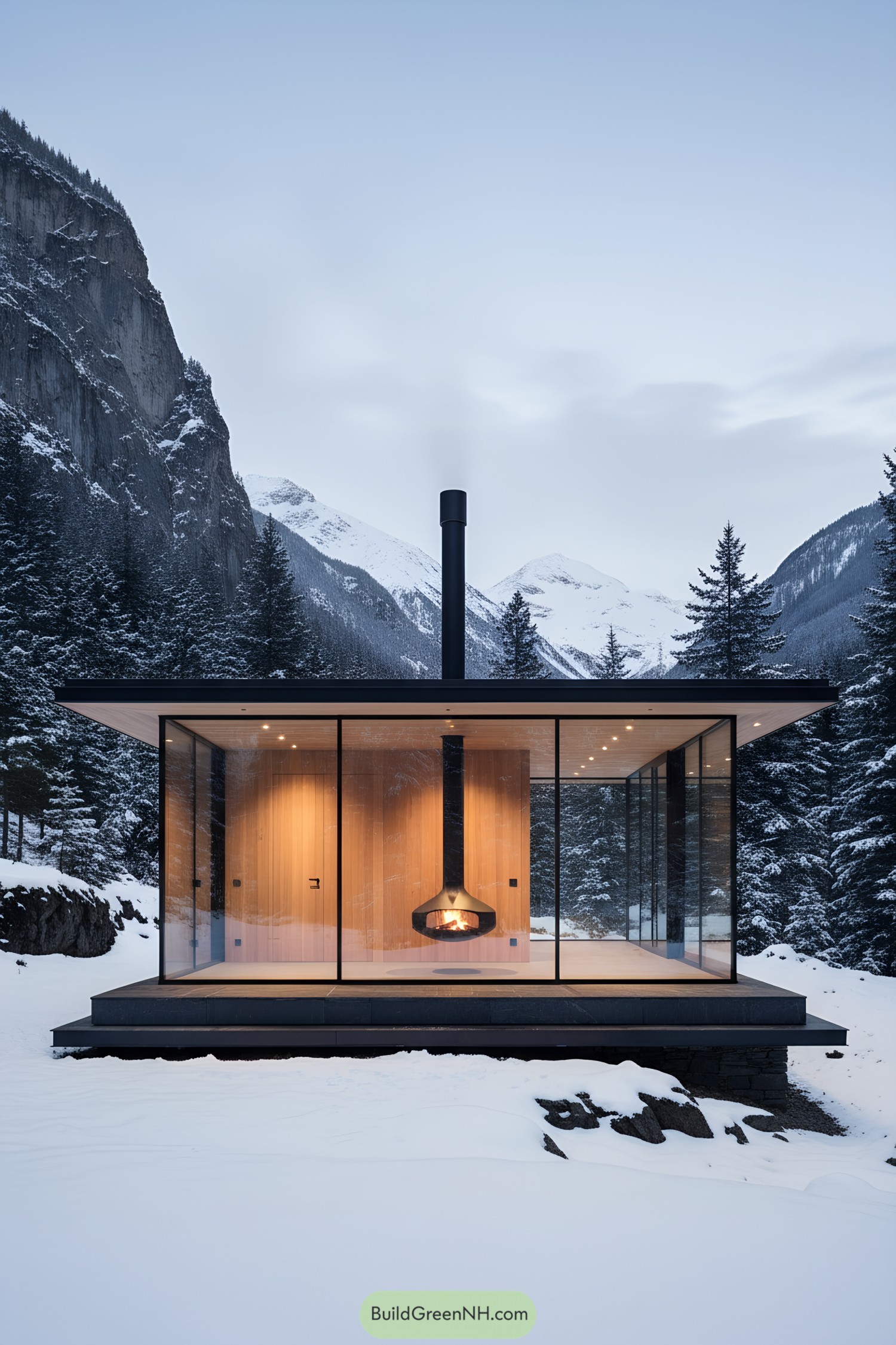Minimalist glass cottage with floating fireplace in snowy mountains