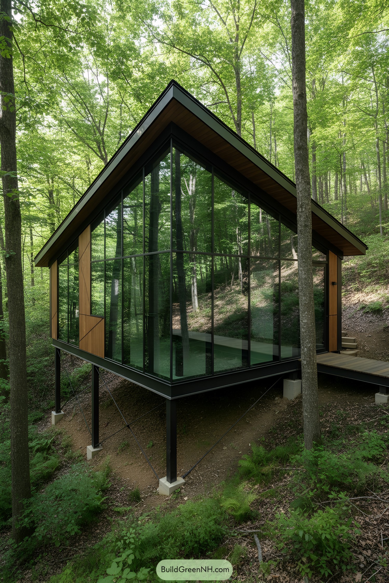 Glass cottage elevated on steel stilts in lush forest