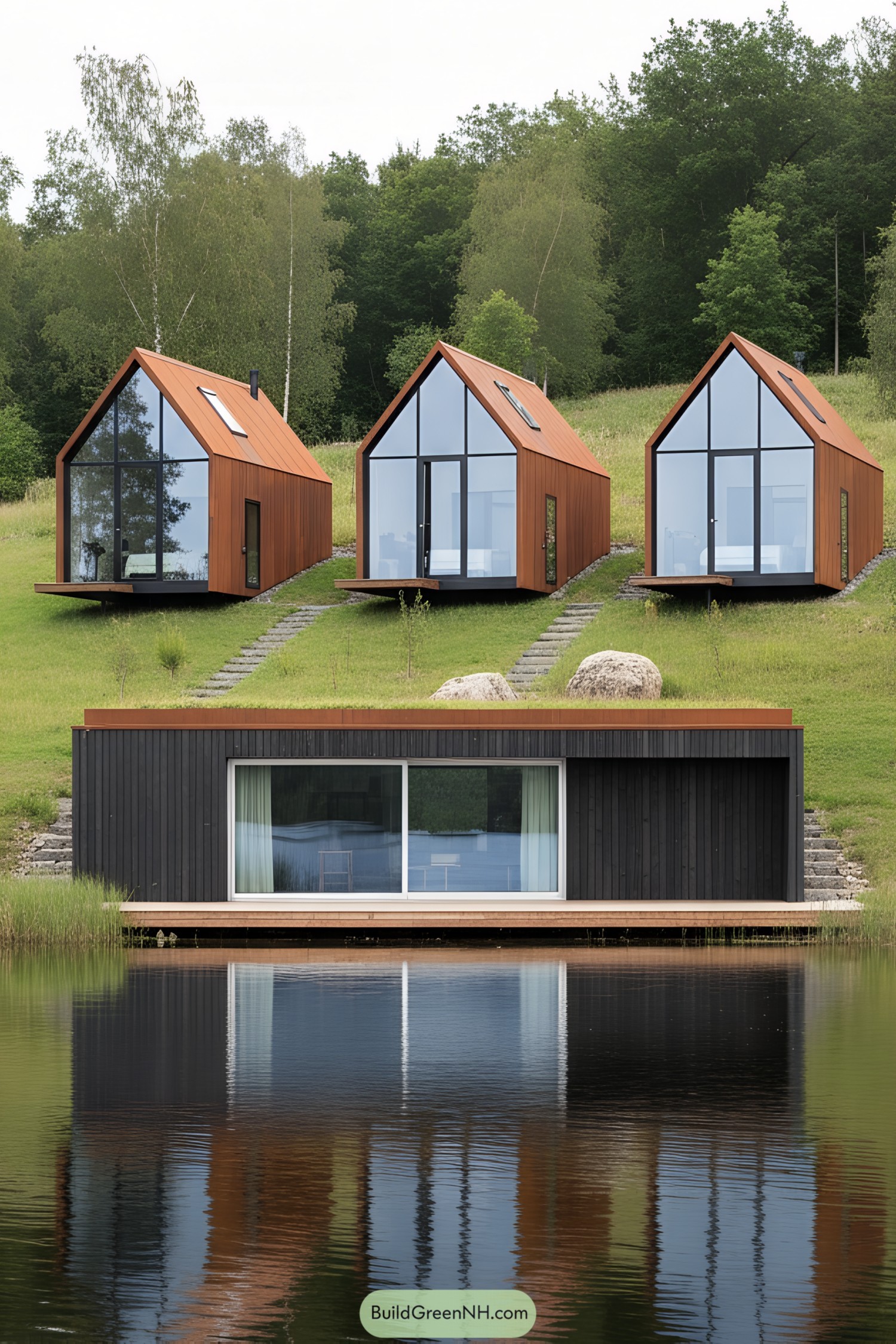 Three compact gabled cabins with glass fronts overlooking a lakeside lodge
