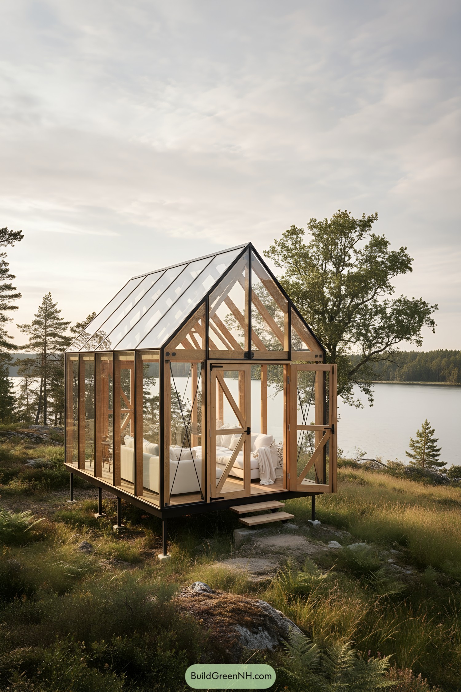 Small glass cabin with timber frame beside a lake