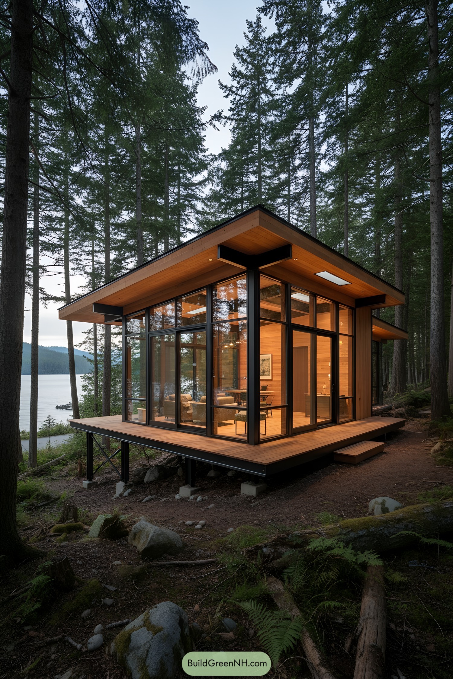 Modern glass cabin on stilts in forest by lake, warm wood interior and wraparound deck