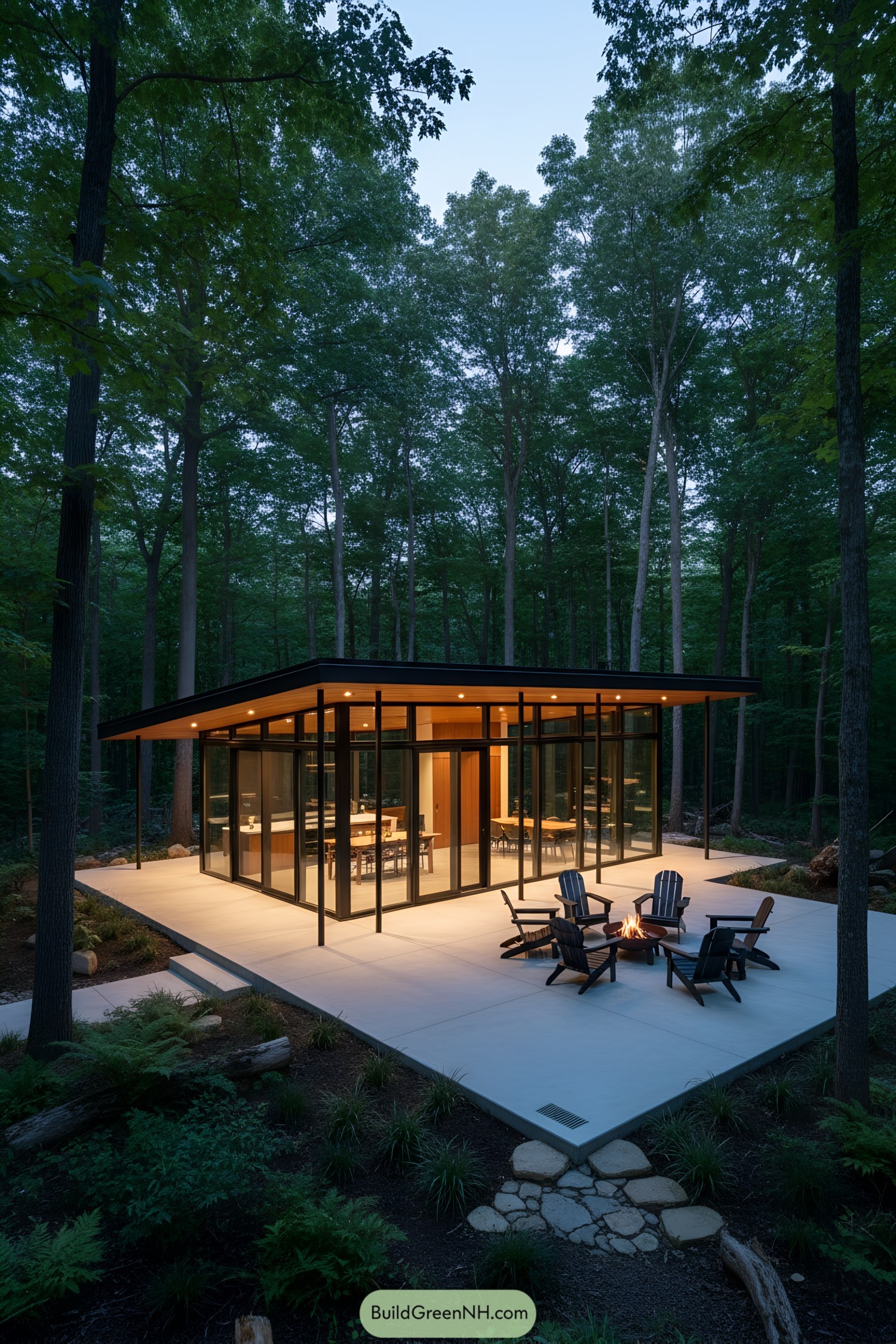 Glass-walled modern cottage with patio firepit
