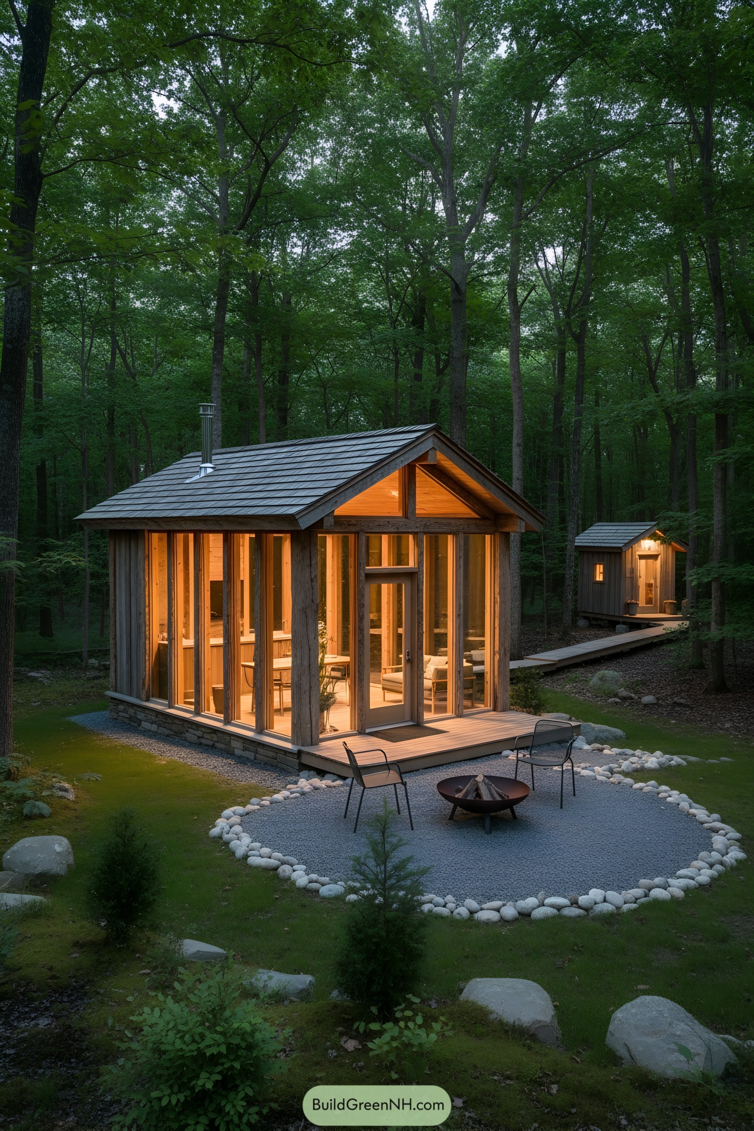 Small glass-walled cabin glowing in woods