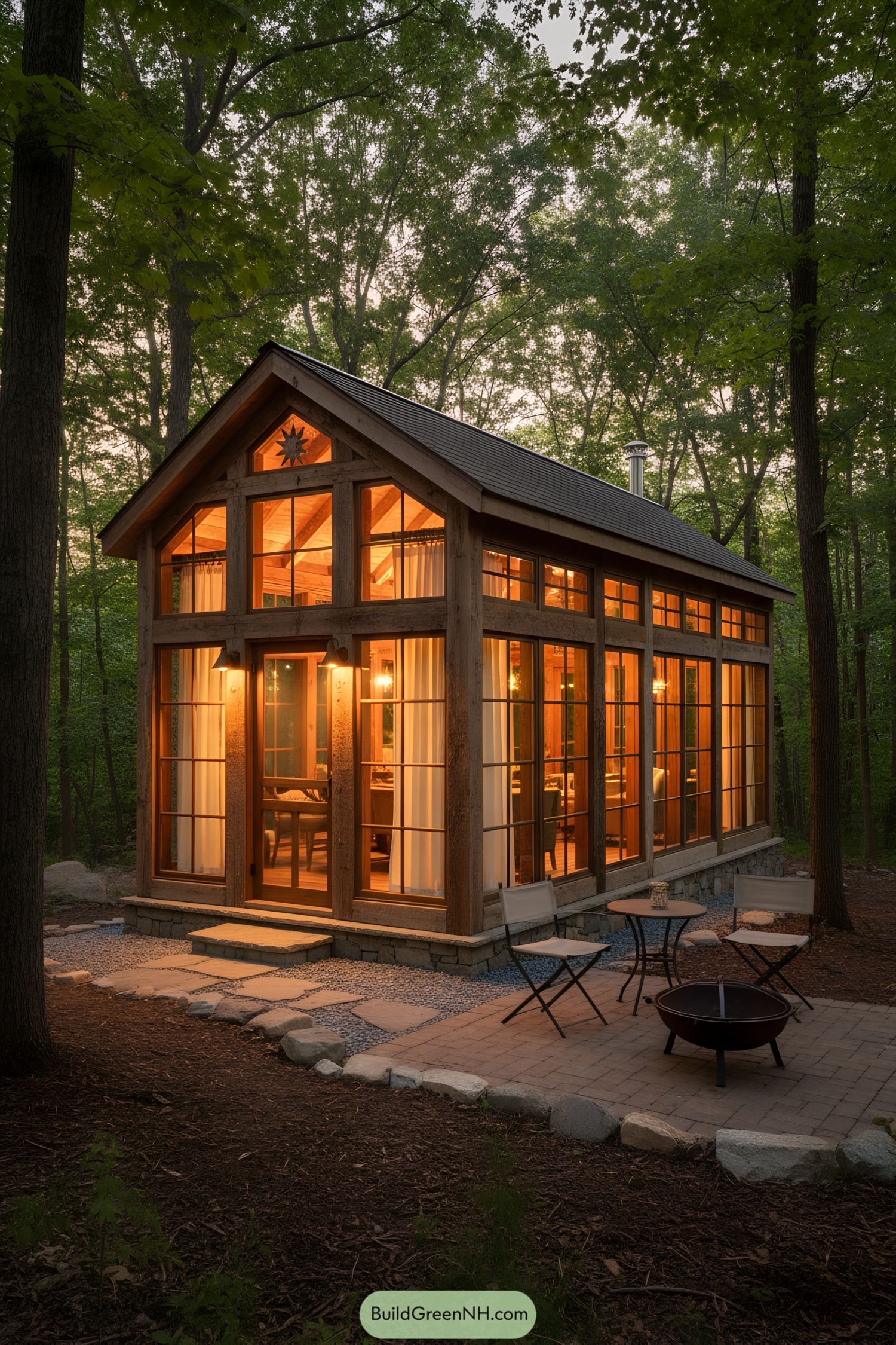 Small glass-front woodland cottage at dusk