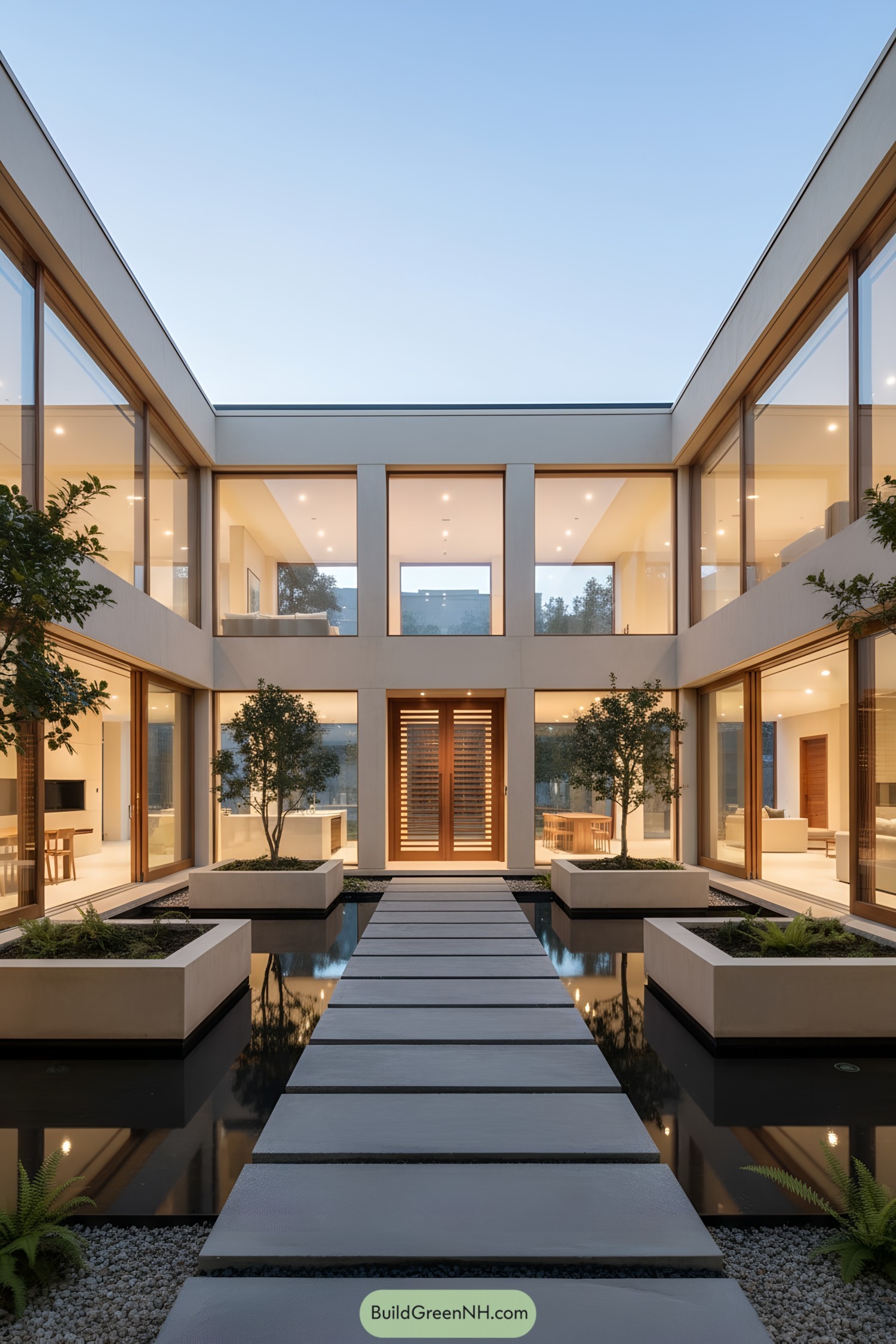 Modern courtyard with stepping stones over a reflective pool