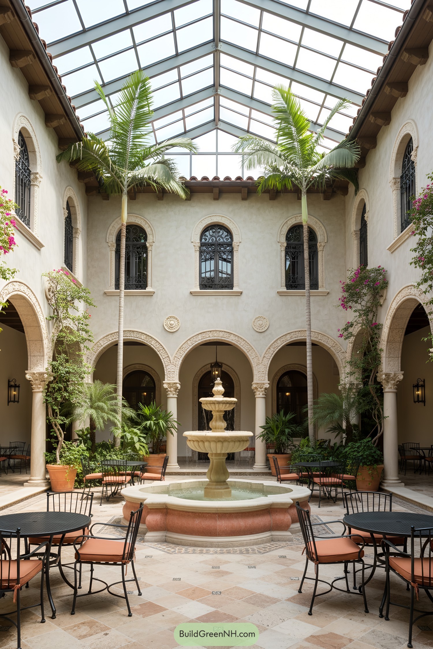 Elegant courtyard with tall palm trees under a glass roof and a central fountain