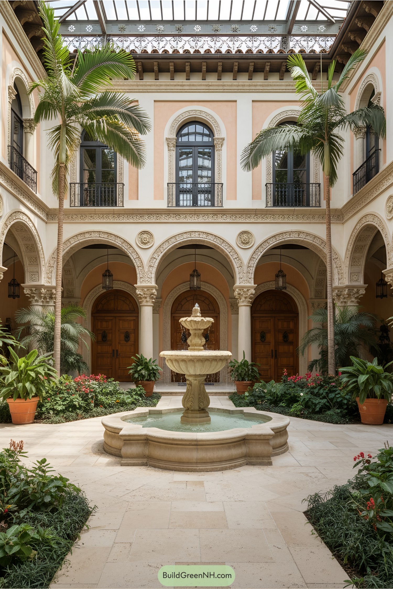 Indoor courtyard with a fountain and lush plants