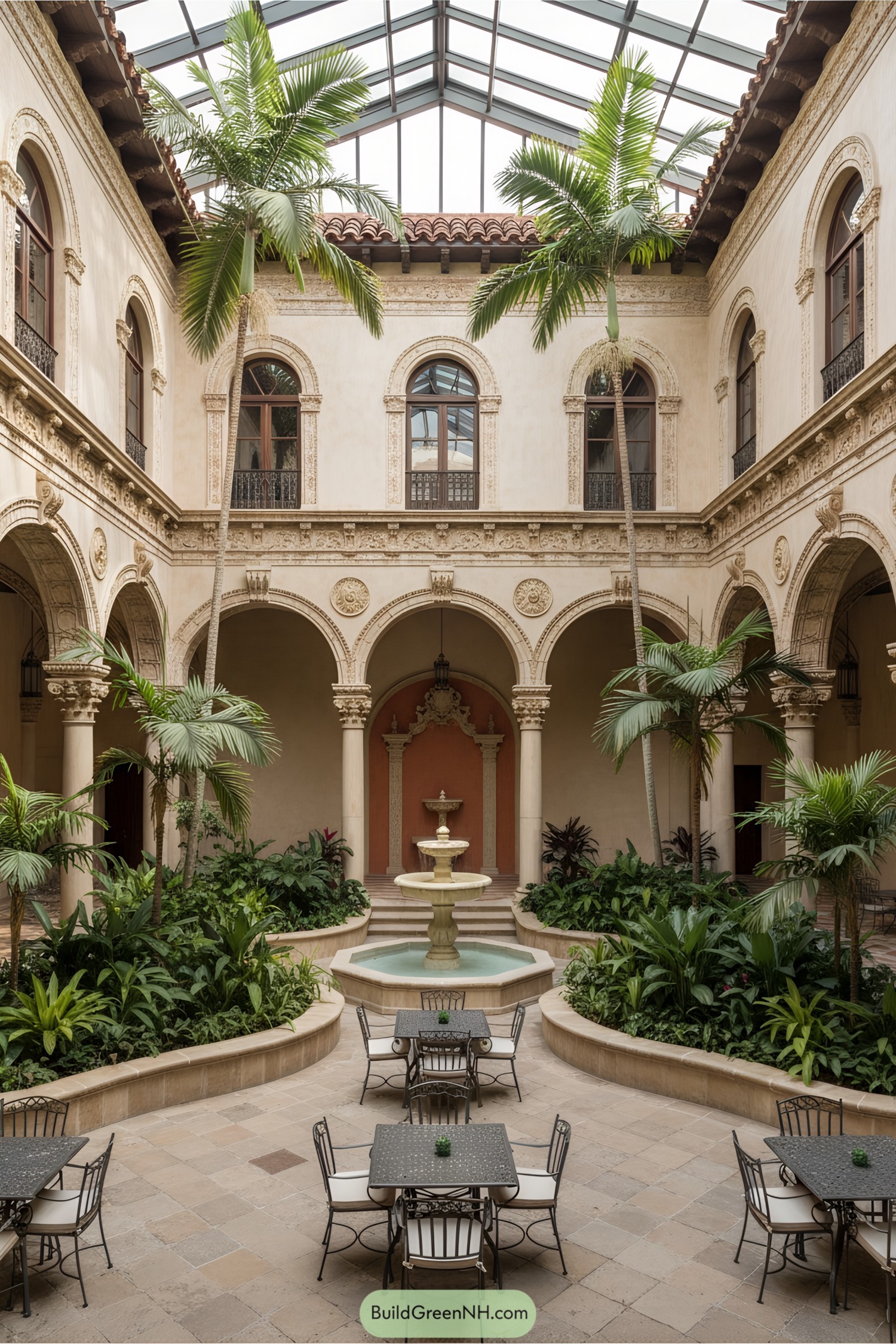Indoor courtyard with palm trees, fountain, and seating