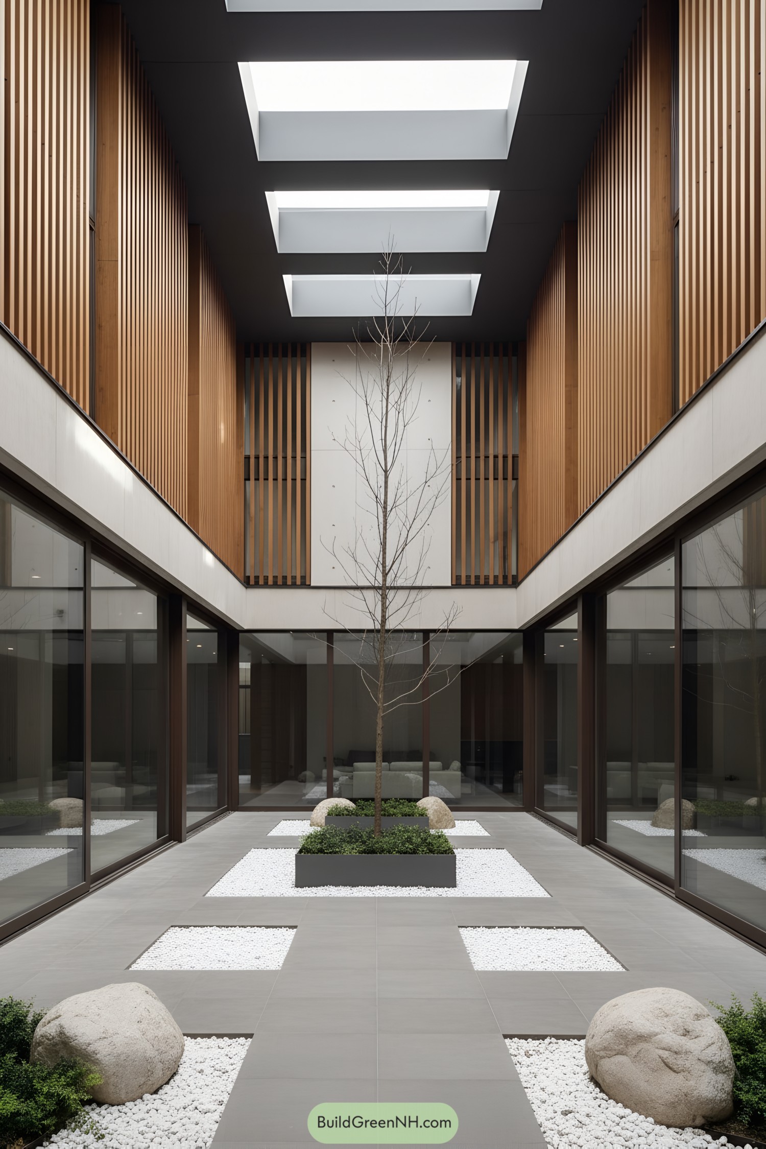 Contemporary courtyard with skylights and a central tree