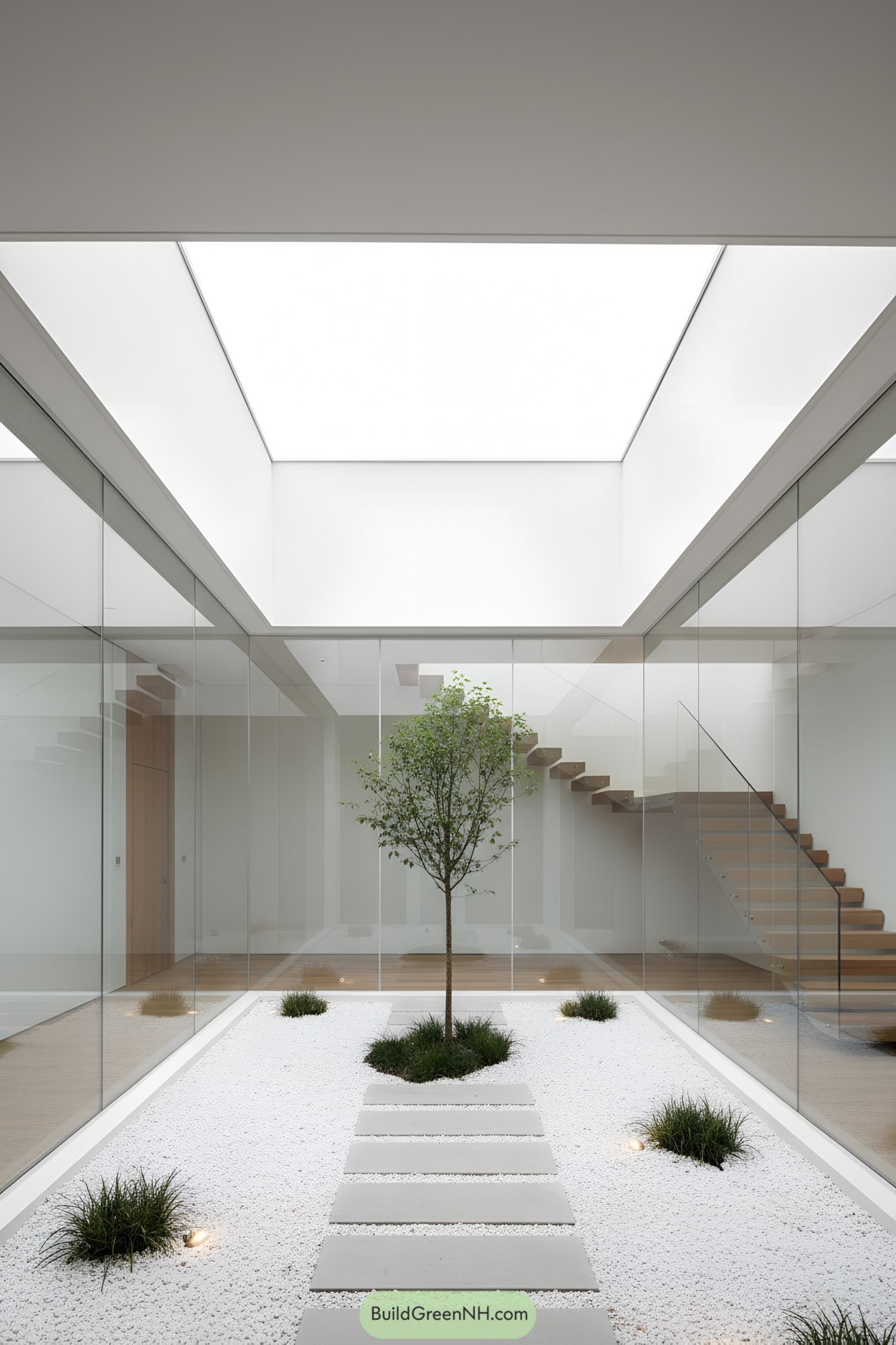 Modern courtyard with a central tree surrounded by glass walls and gravel
