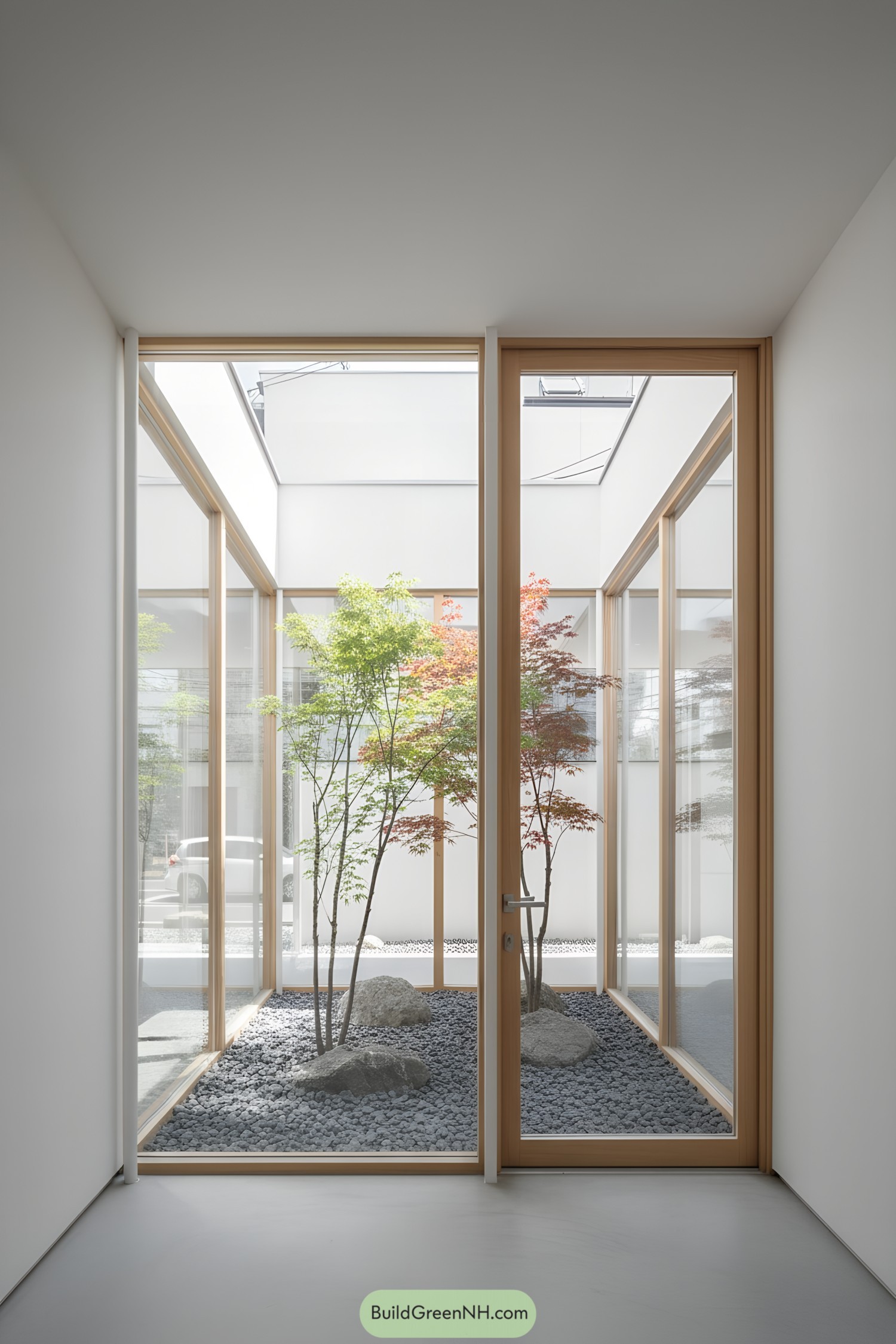 Indoor landscape with trees and rocks viewed through glass doors
