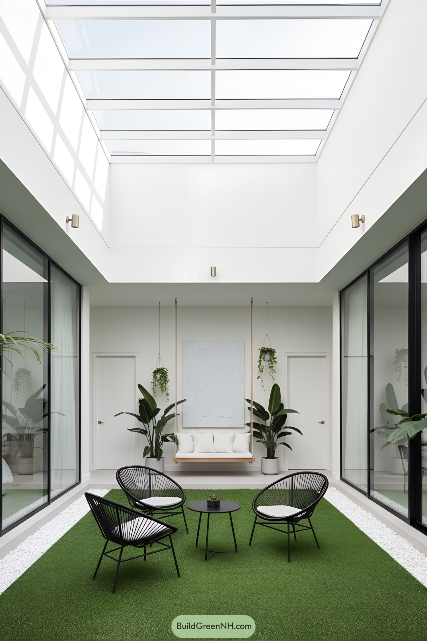 Indoor courtyard with glass roof and seating