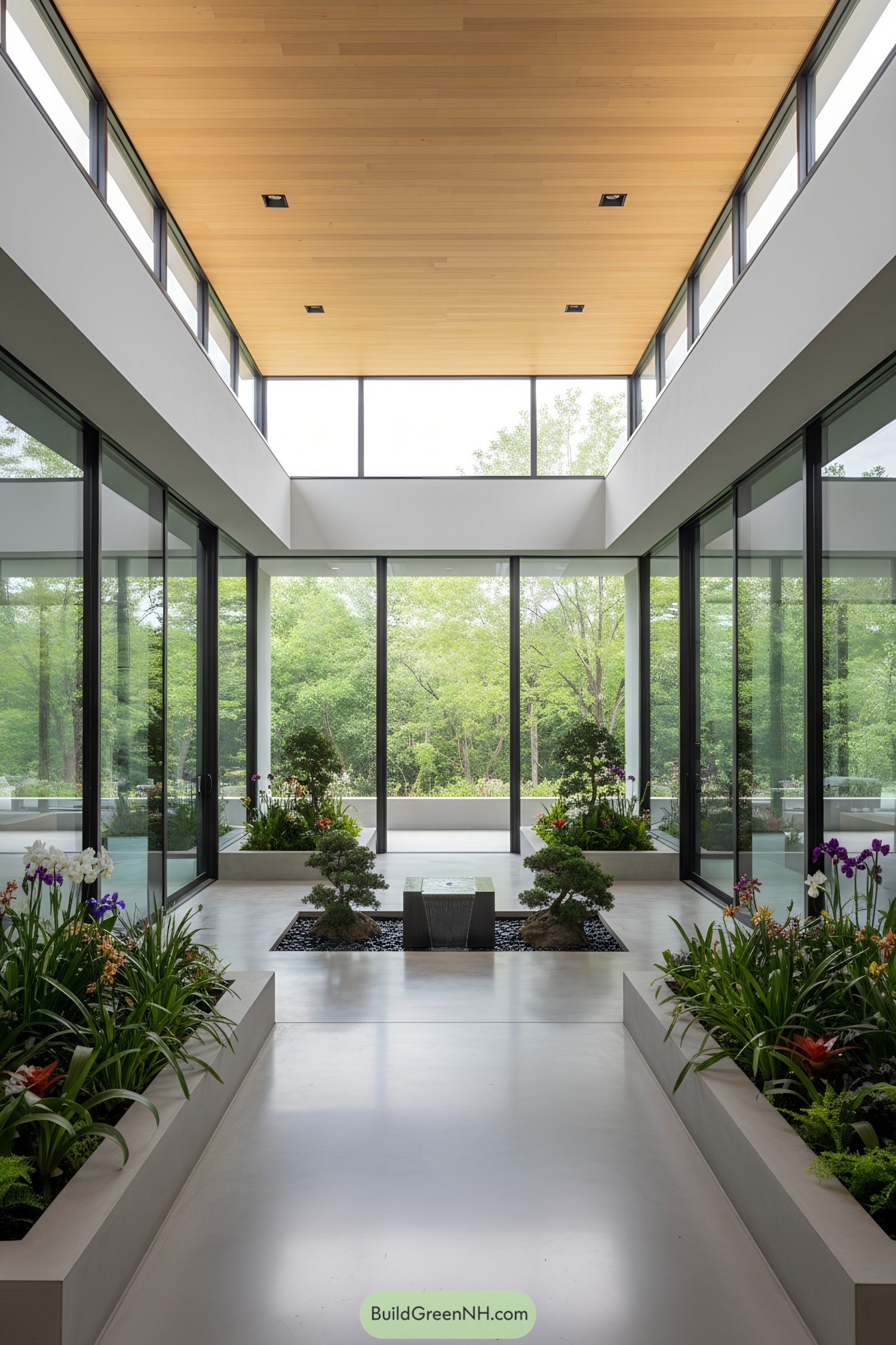 Modern courtyard with glass walls and greenery