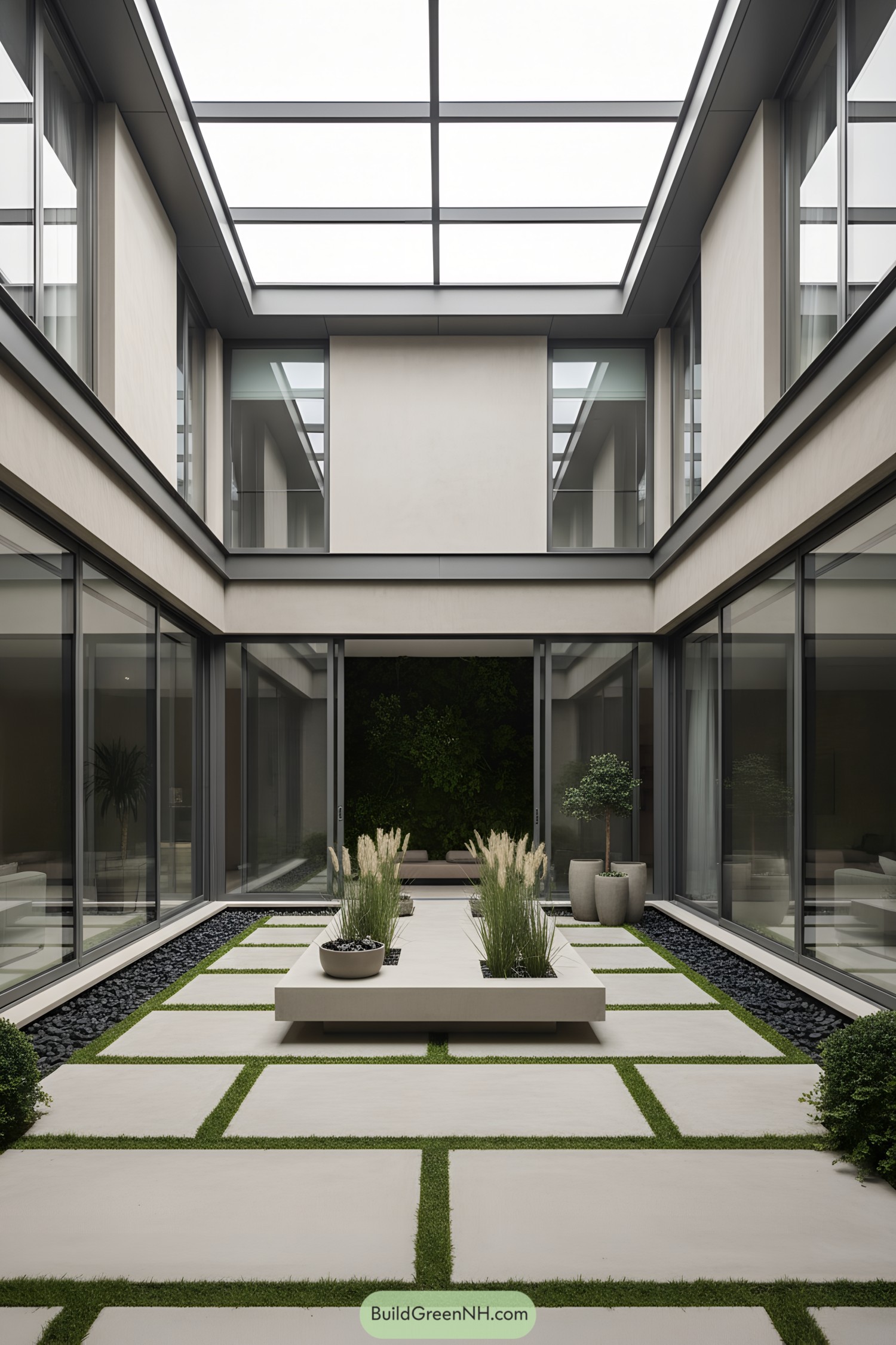 Indoor courtyard with sleek design and lush greenery
