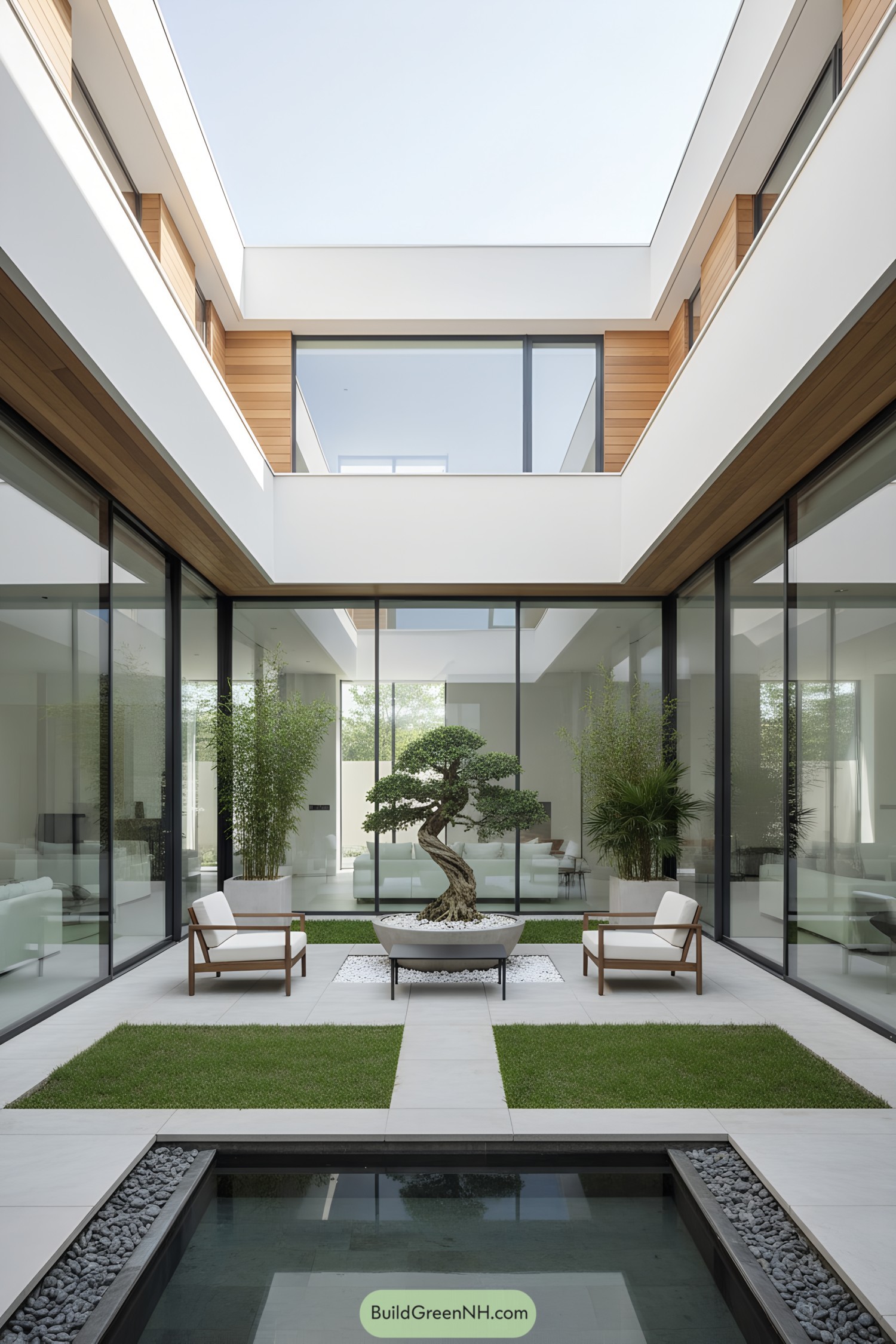 Modern indoor courtyard with a bonsai tree centerpiece