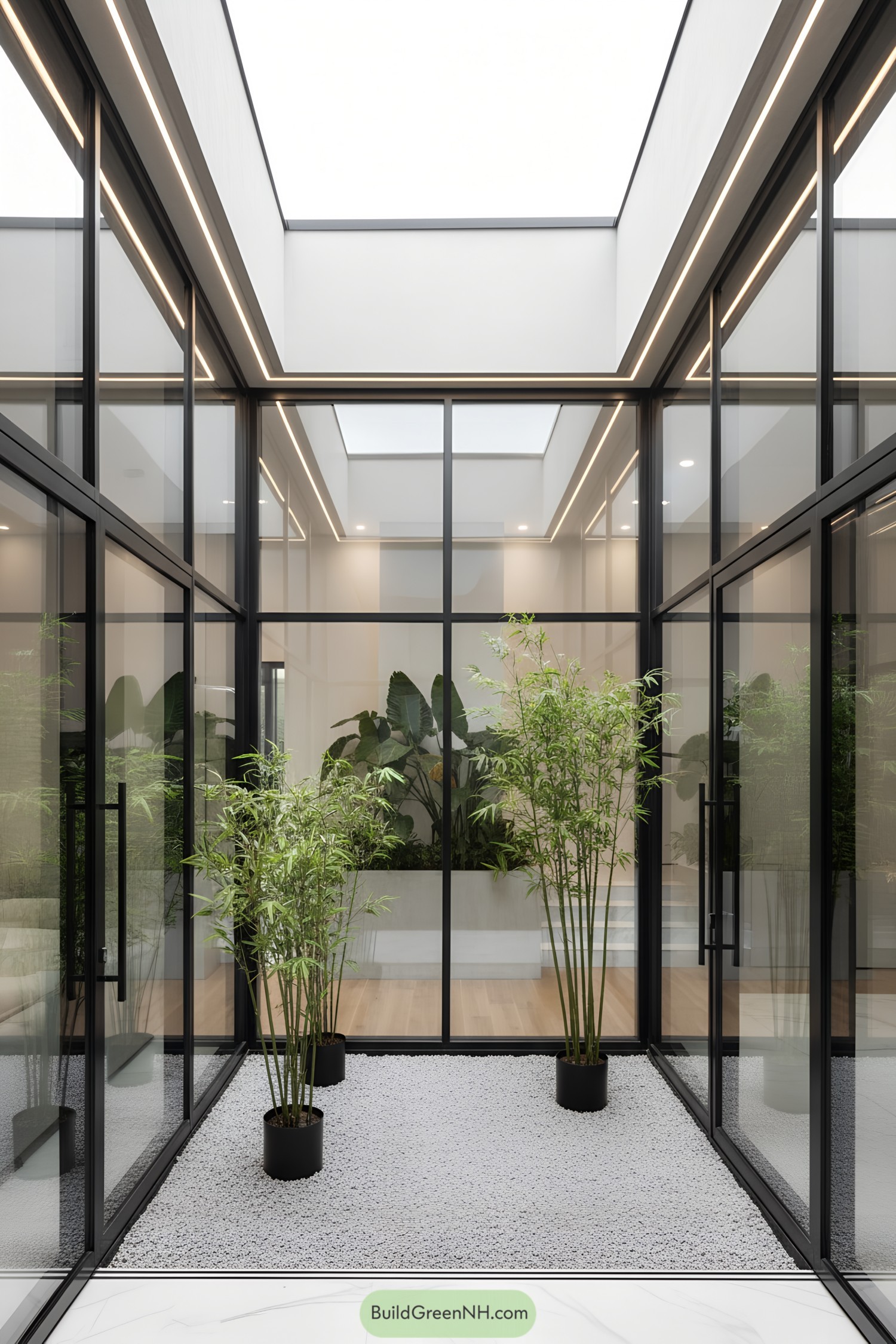 Modern courtyard with glass walls, plants, and a bright, open ceiling