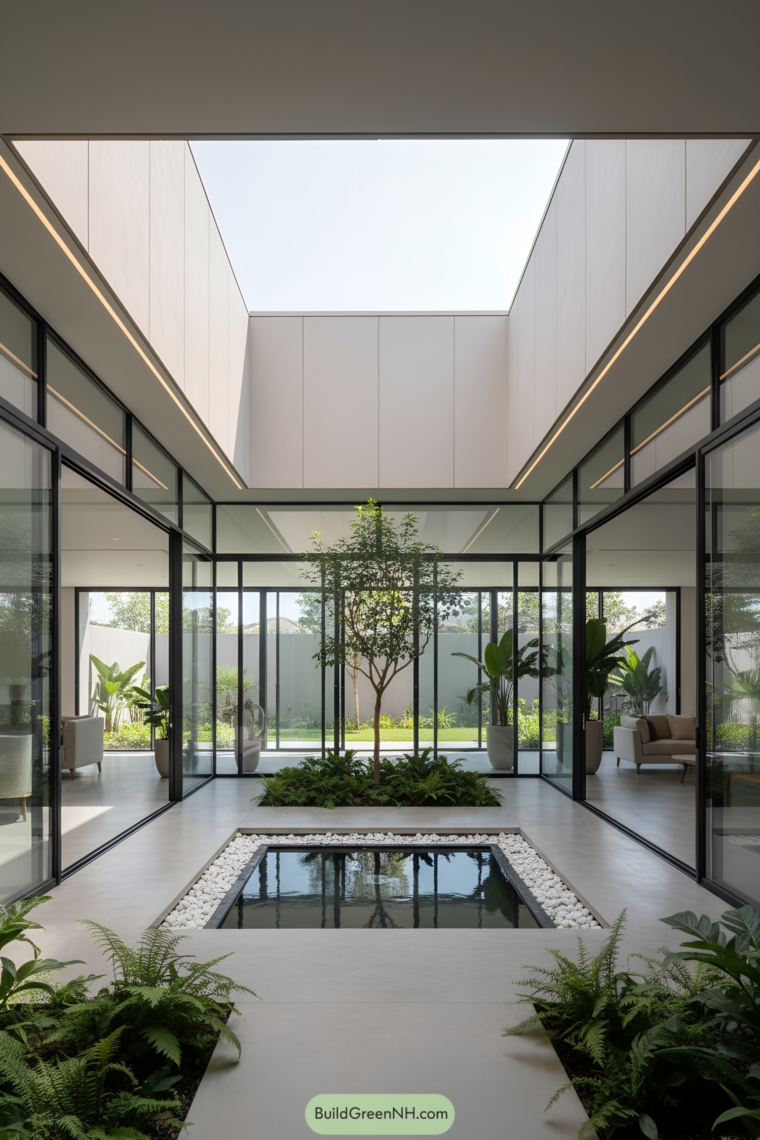 Modern courtyard with glass walls, plants, and a small pond