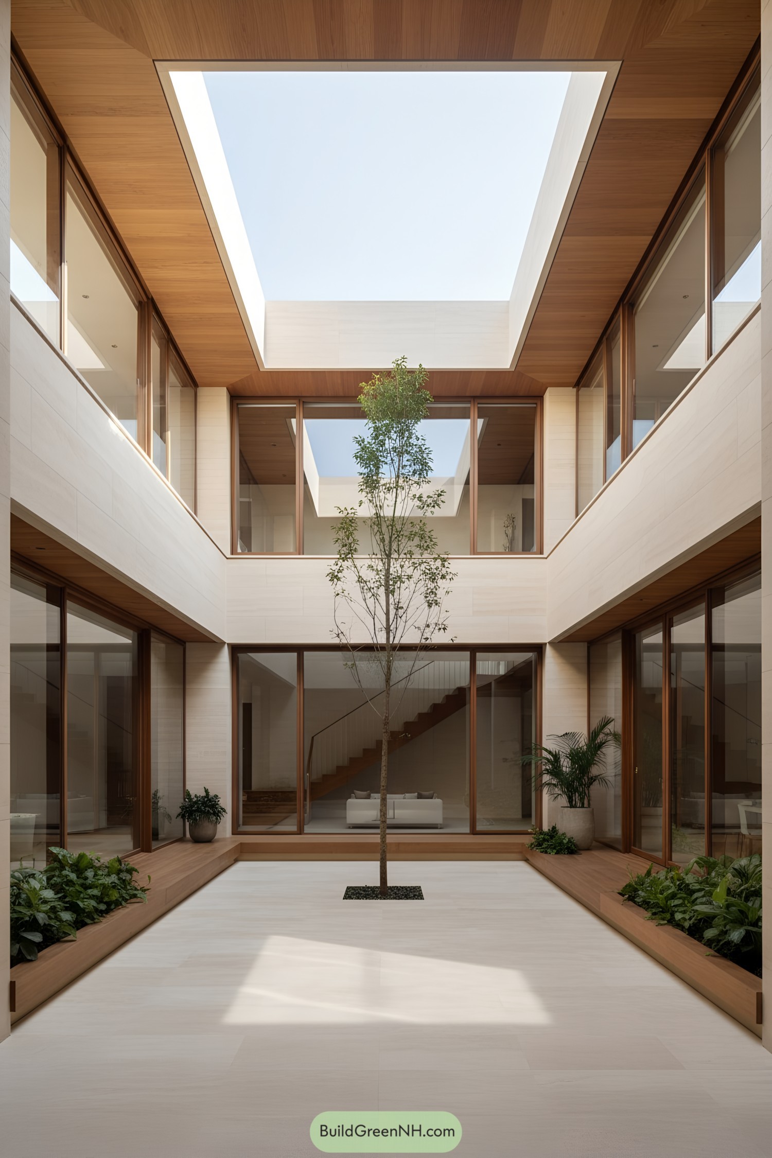 Modern courtyard with central tree and large skylight