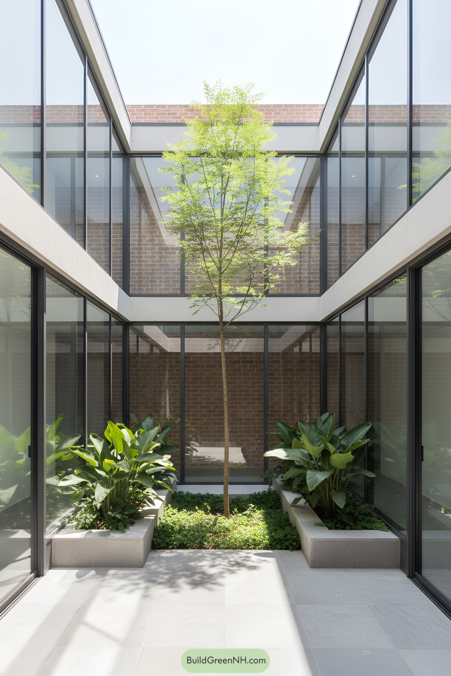 Indoor courtyard with a tree and plants surrounded by glass walls