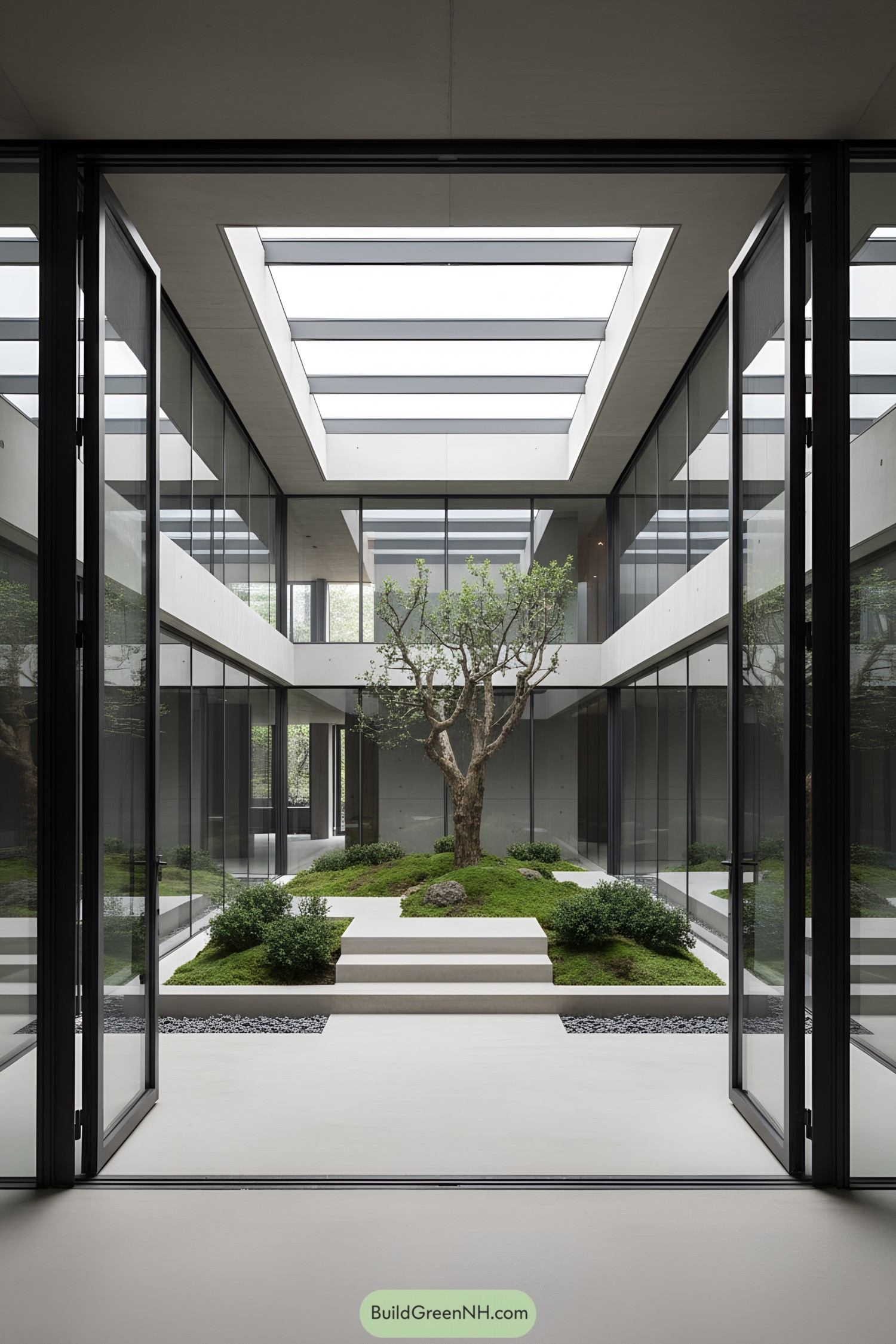 Modern courtyard with skylights and lush greenery
