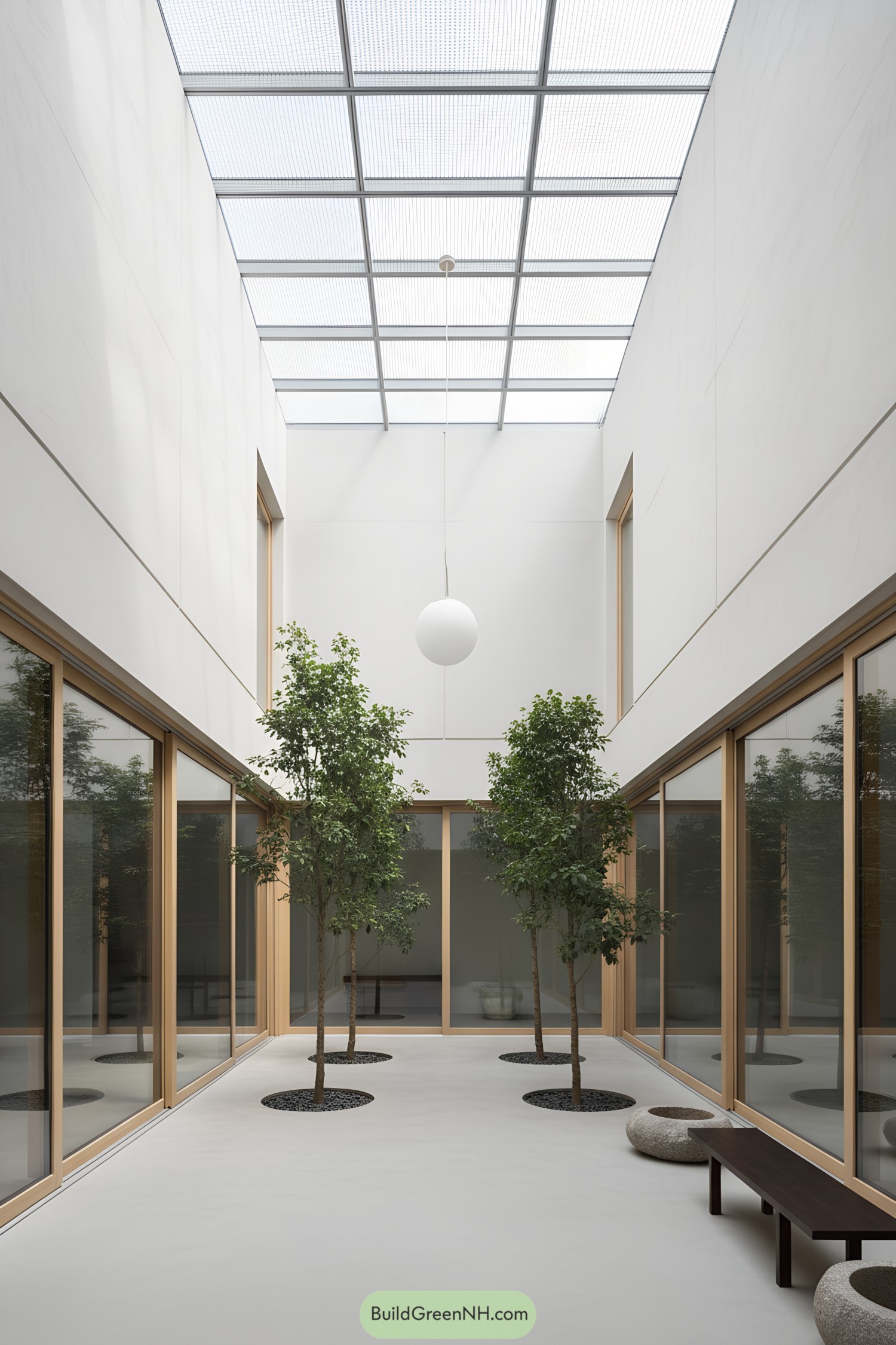 Modern indoor courtyard with glass ceiling and trees