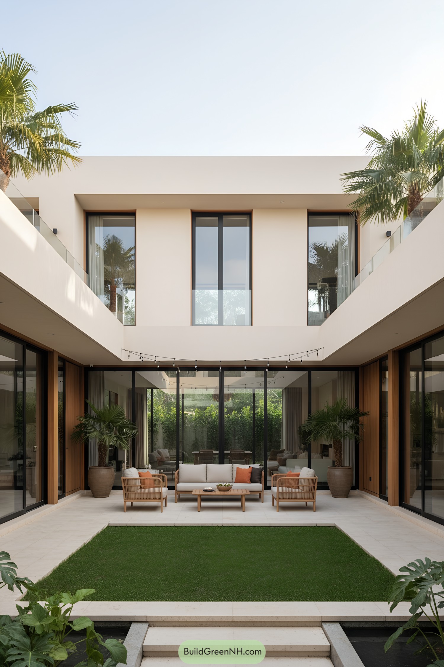 Chic courtyard with lush greenery and modern seating