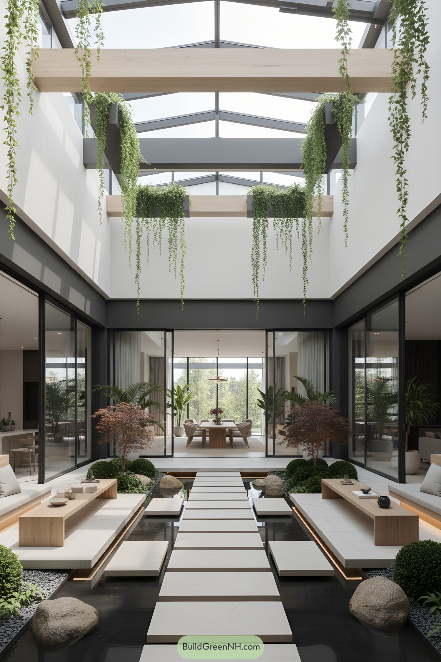 Lush indoor courtyard with greenery and zen design