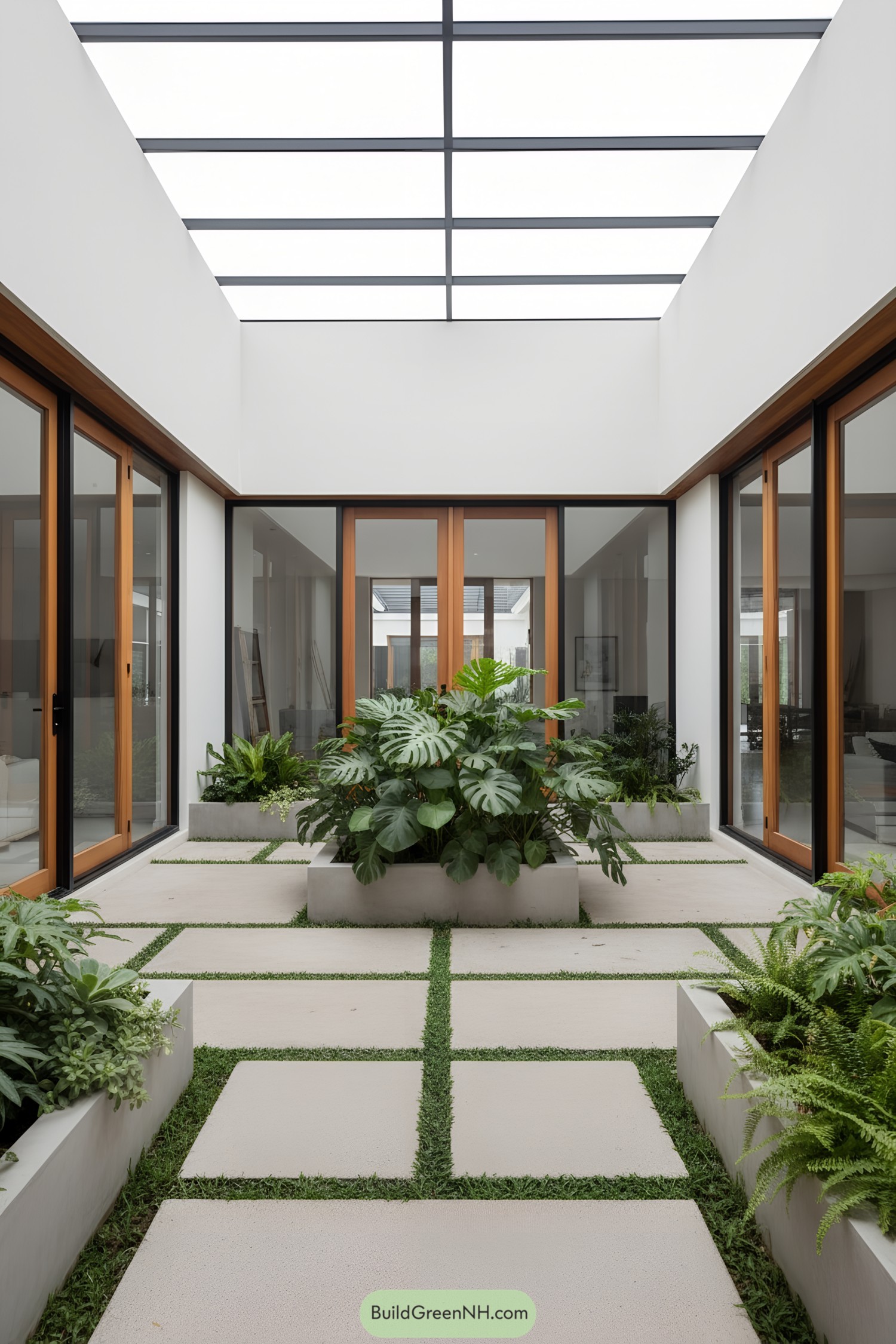 Modern indoor courtyard with skylight and plants
