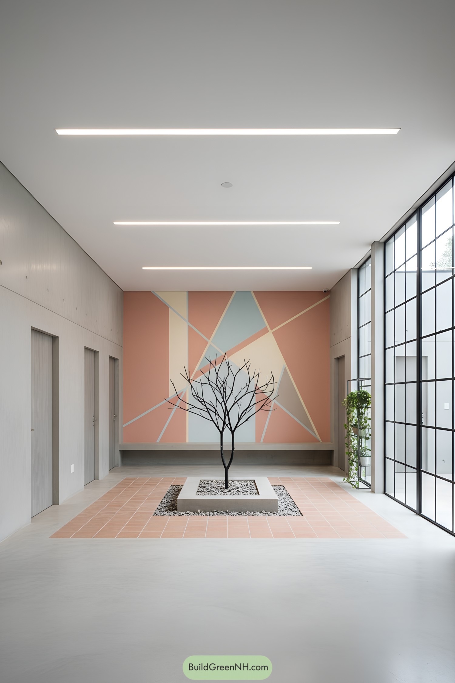 Minimalist indoor courtyard with abstract wall art