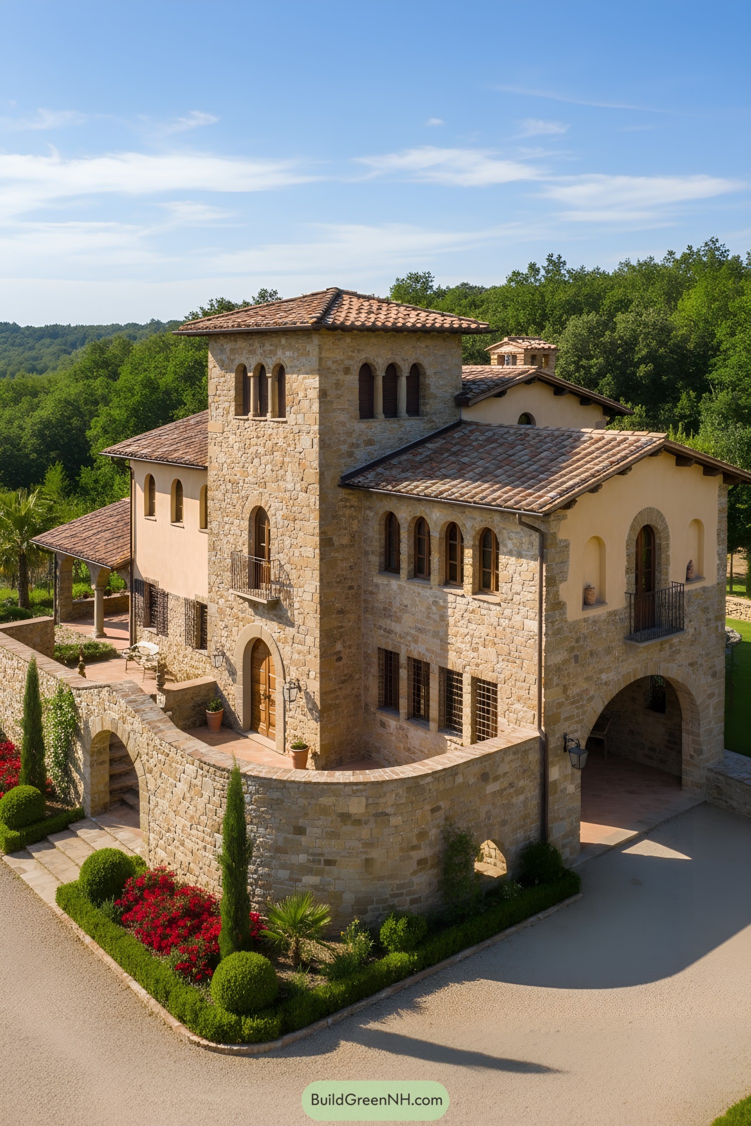 Stone villa with tower, arched windows, and terracotta roof amid formal gardens