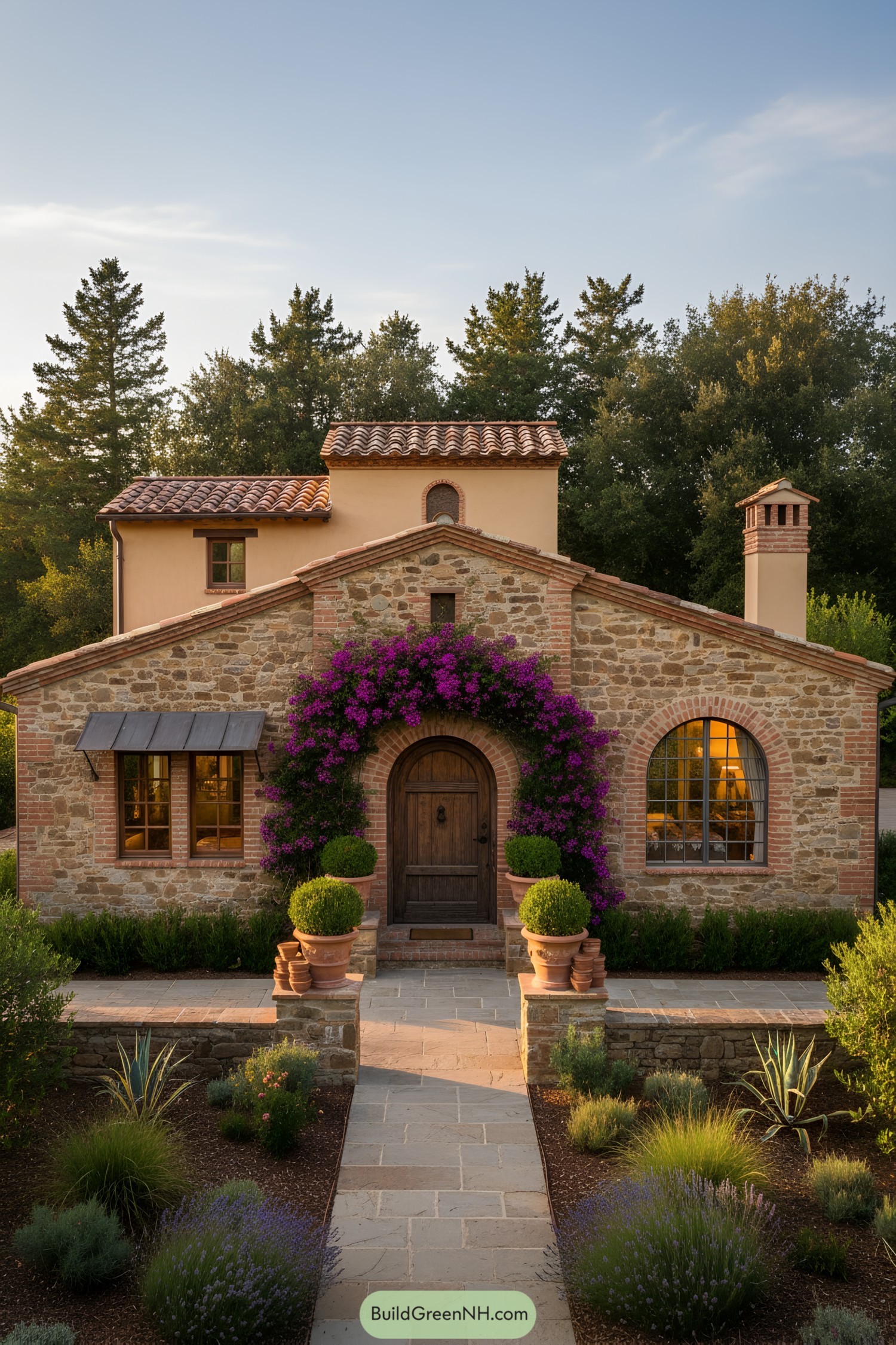 Stone cottage with arched door and bougainvillea