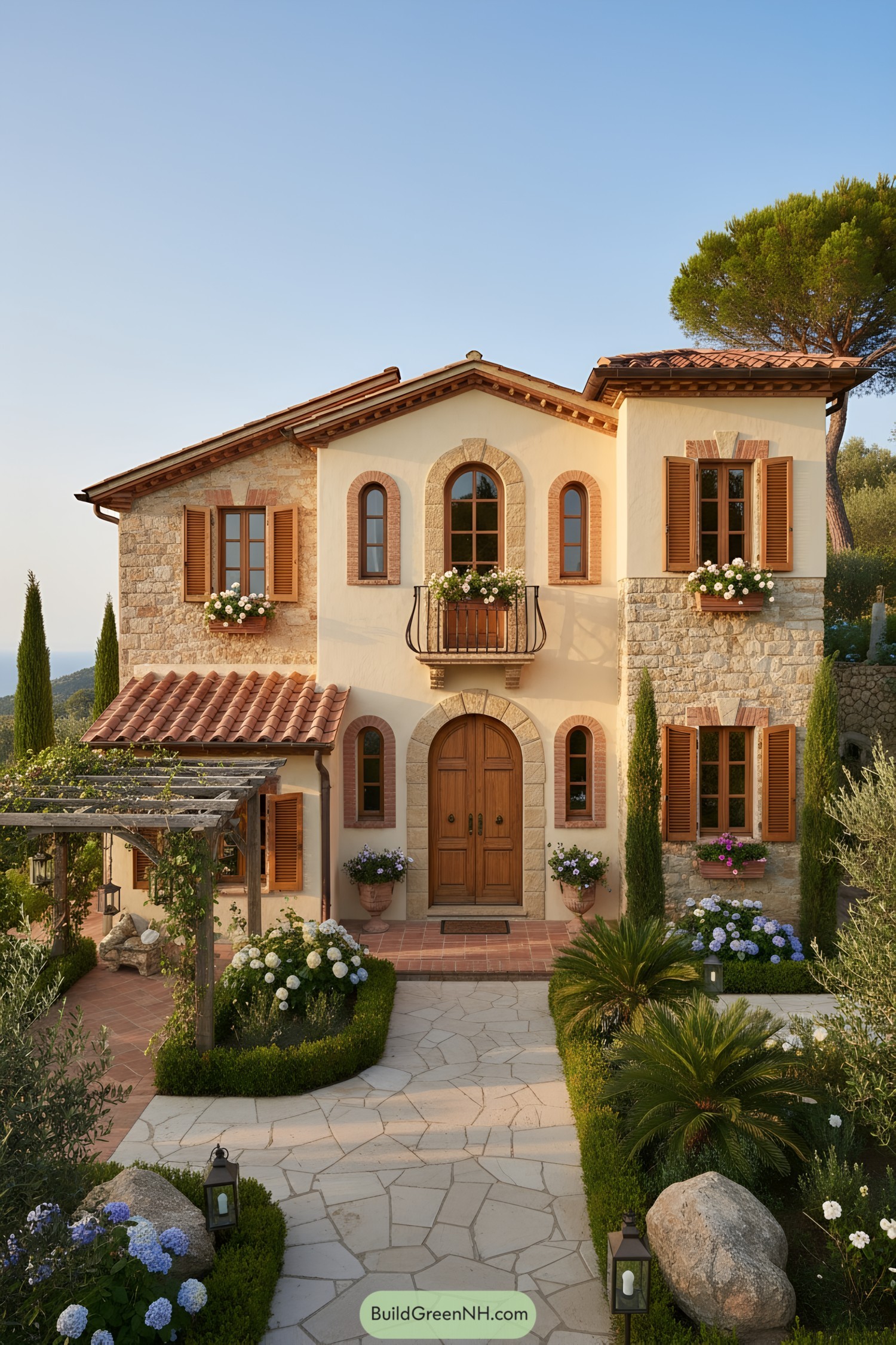Italian stone-and-stucco cottage with arched windows