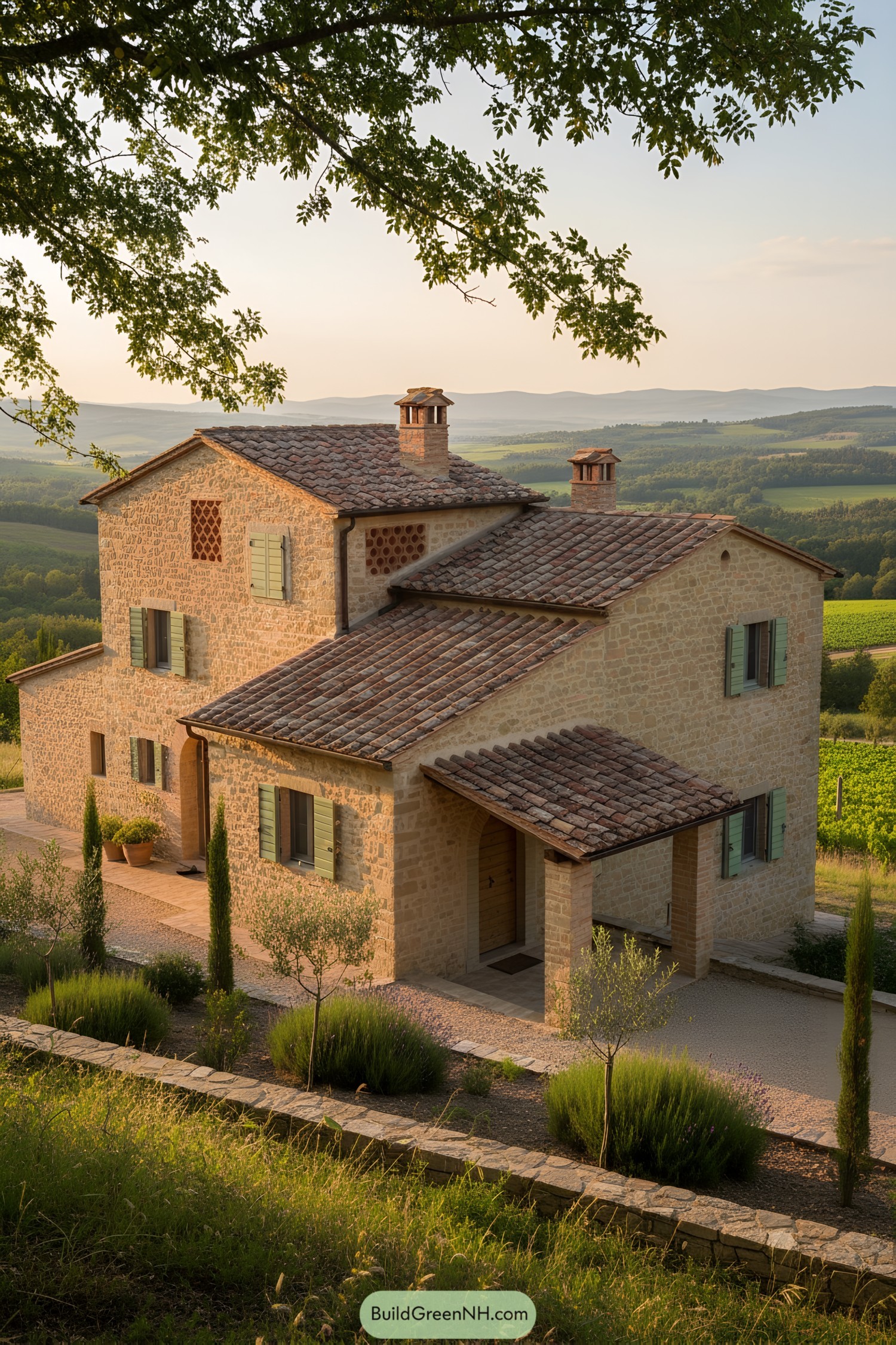 Stone farmhouse with terracotta roof and green shutters on a hillside