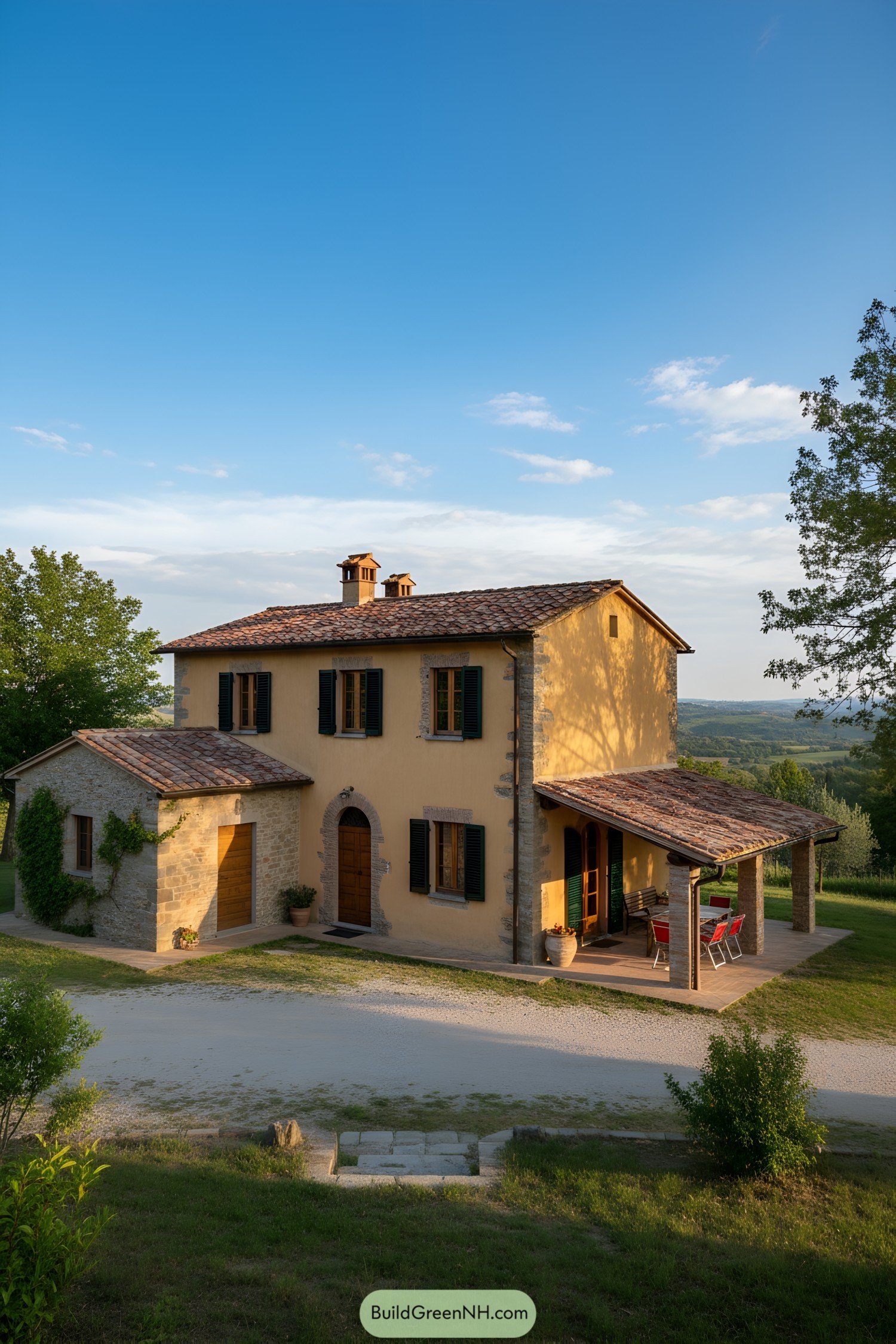Two-story ochre stucco farmhouse with terracotta roof, stone accents, green shutters, and a shaded portico dining area