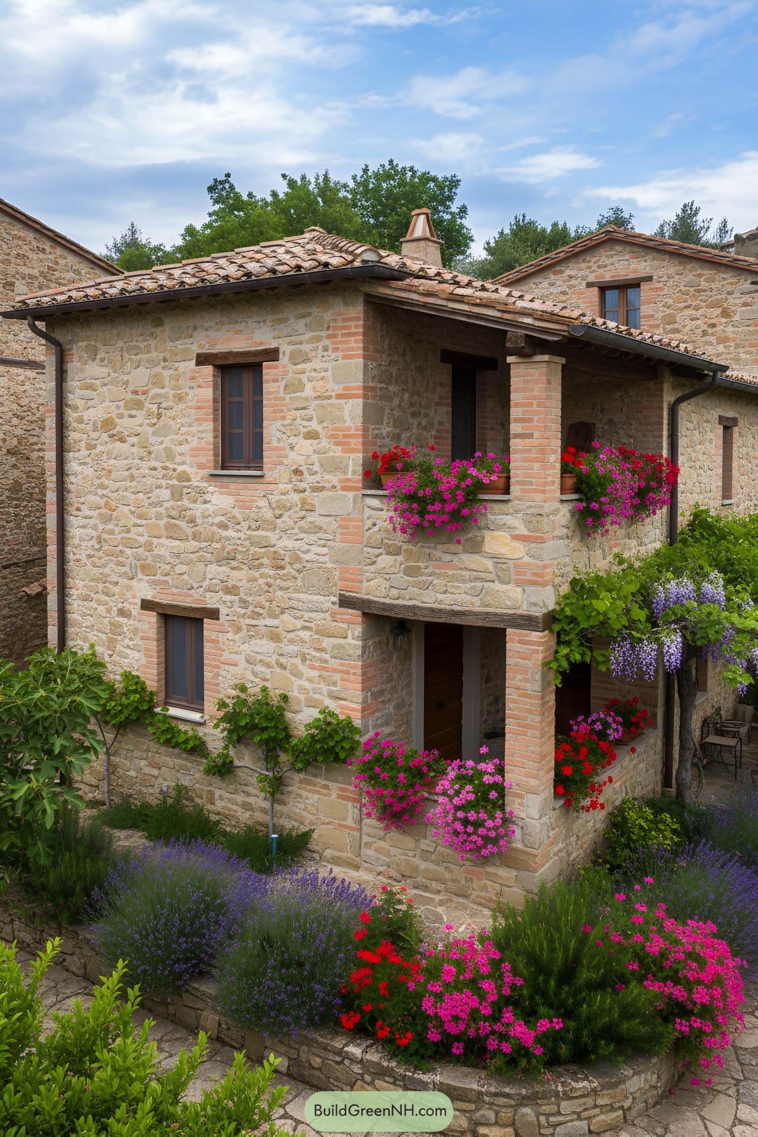 Stone cottage with flowered balconies and vines
