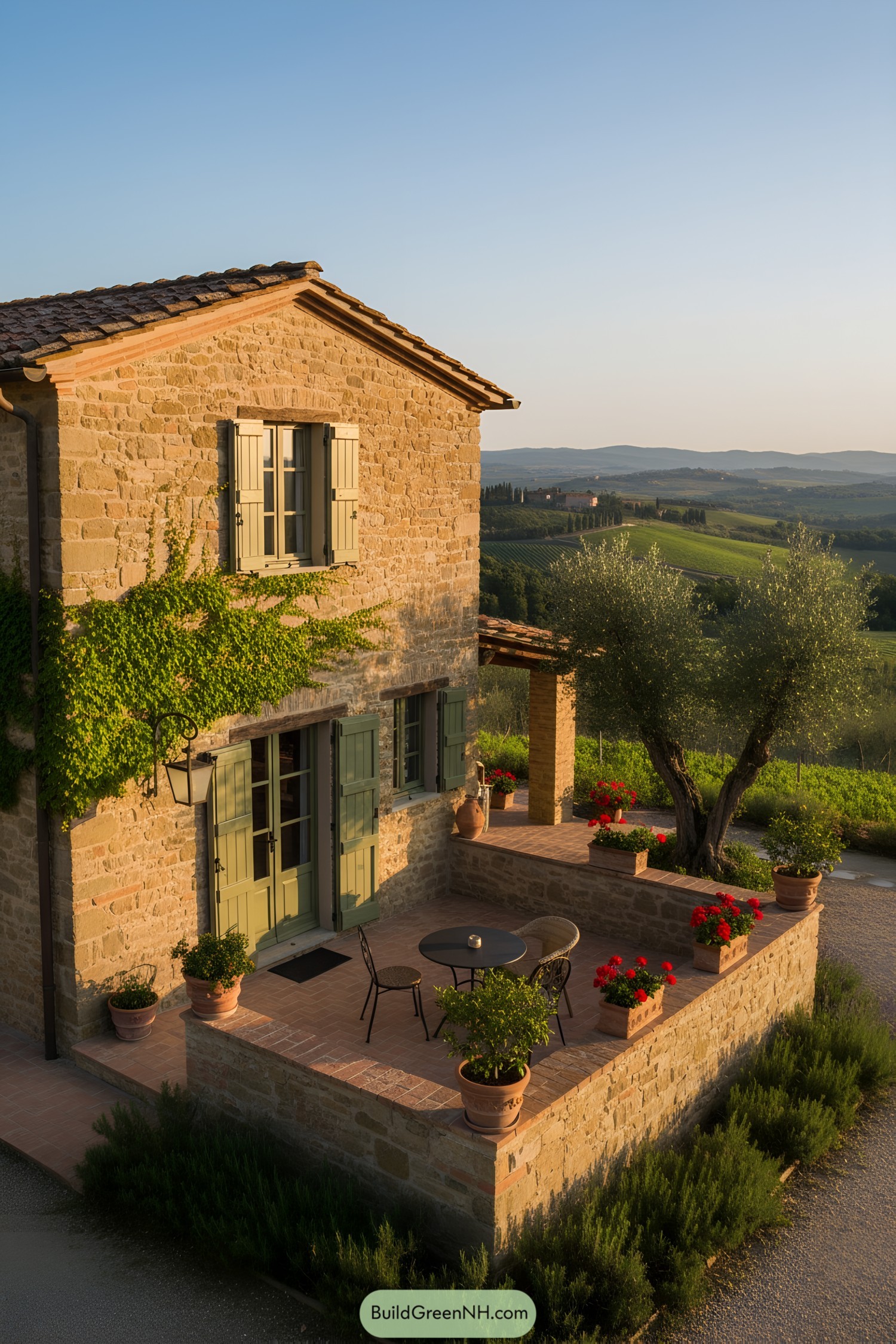 Stone cottage with sage shutters and terracotta terrace overlooking rolling vineyards