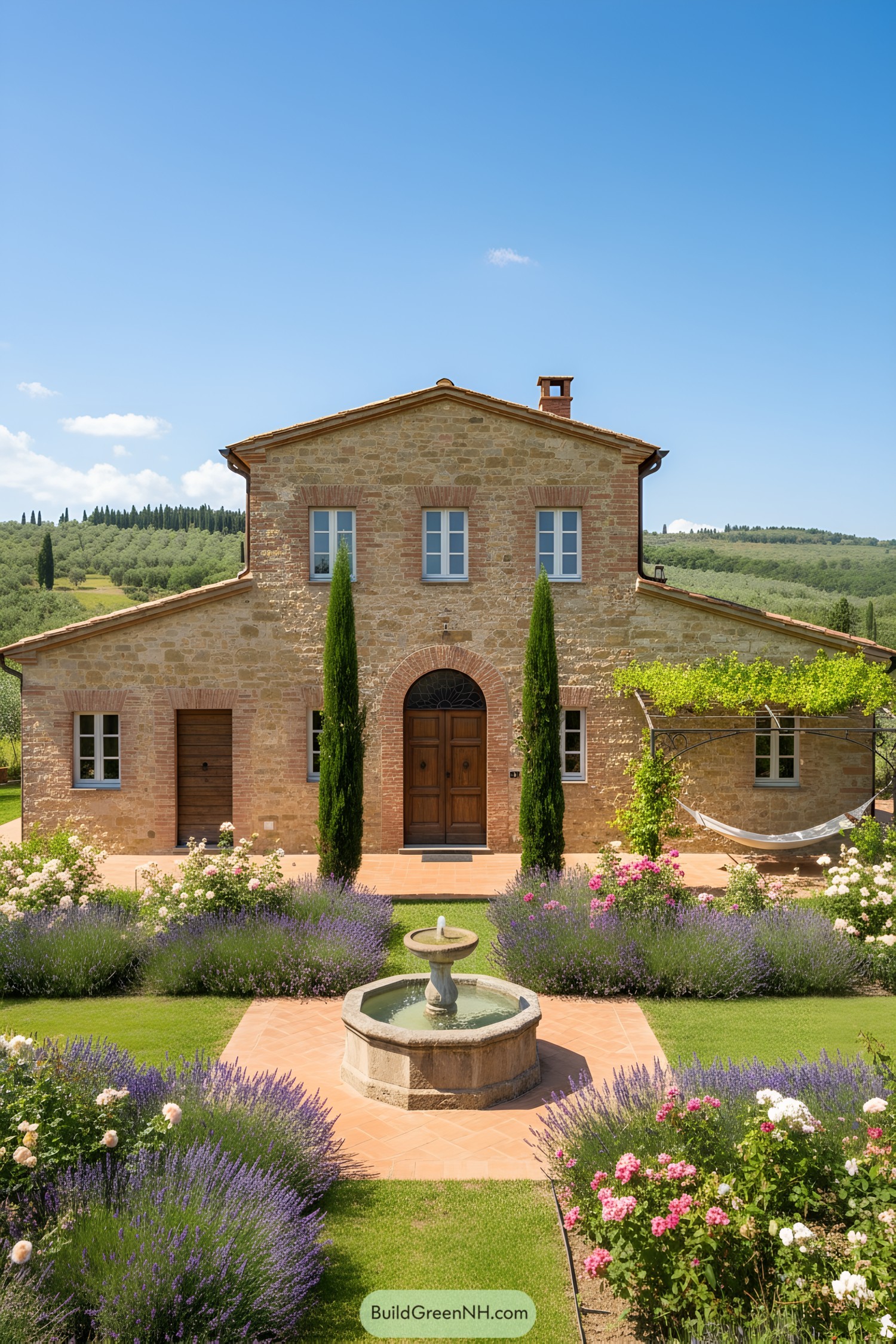 Stone farmhouse with arched entry, cypress flanking, and lavender-lined fountain court