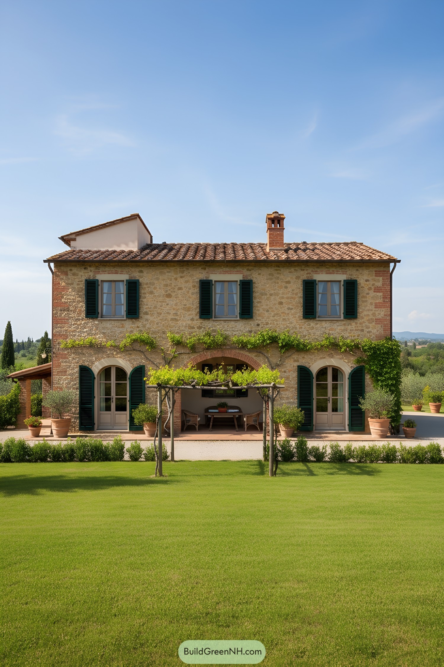 Two-story stone cottage with terracotta roof and vine-draped pergola