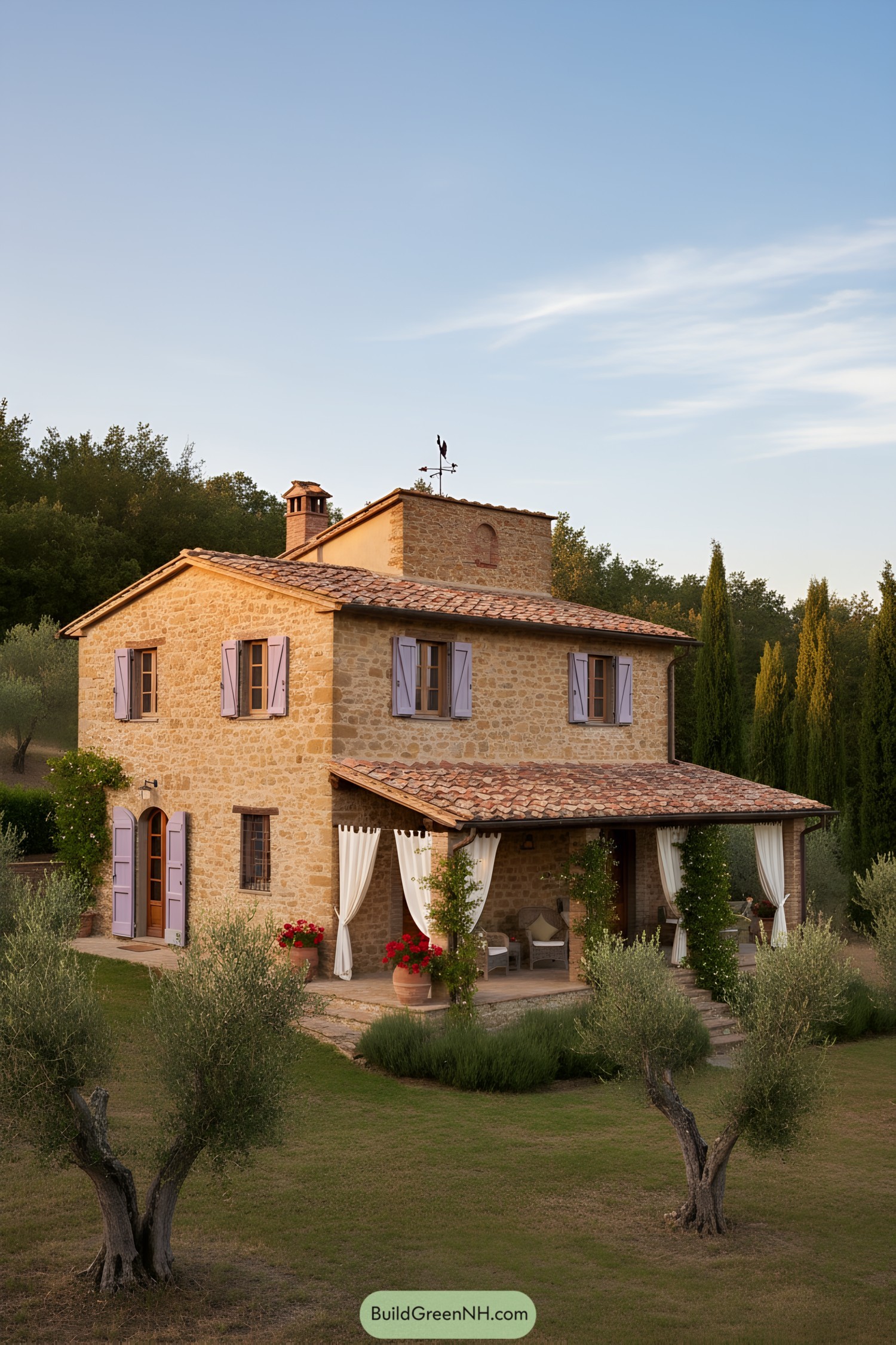 Rustic stone cottage with lilac shutters