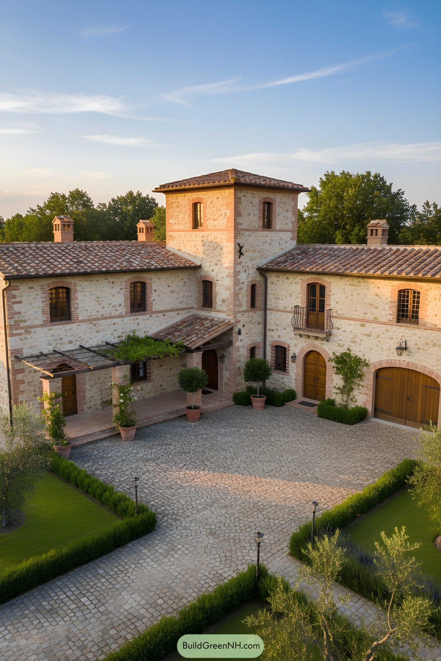 Tuscan stone villa with central tower and cobbled courtyard