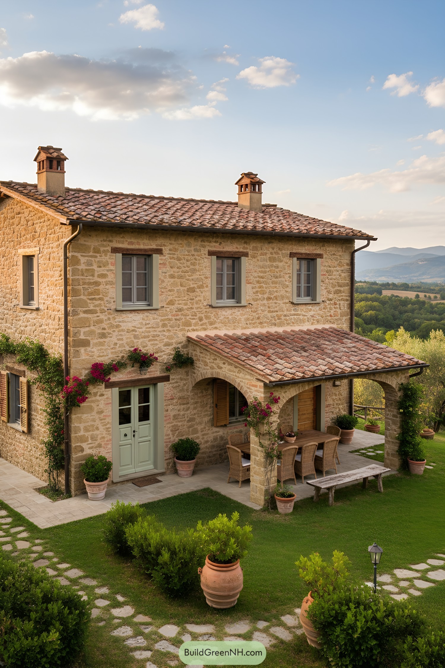 Stone cottage with arched loggia and terracotta roof